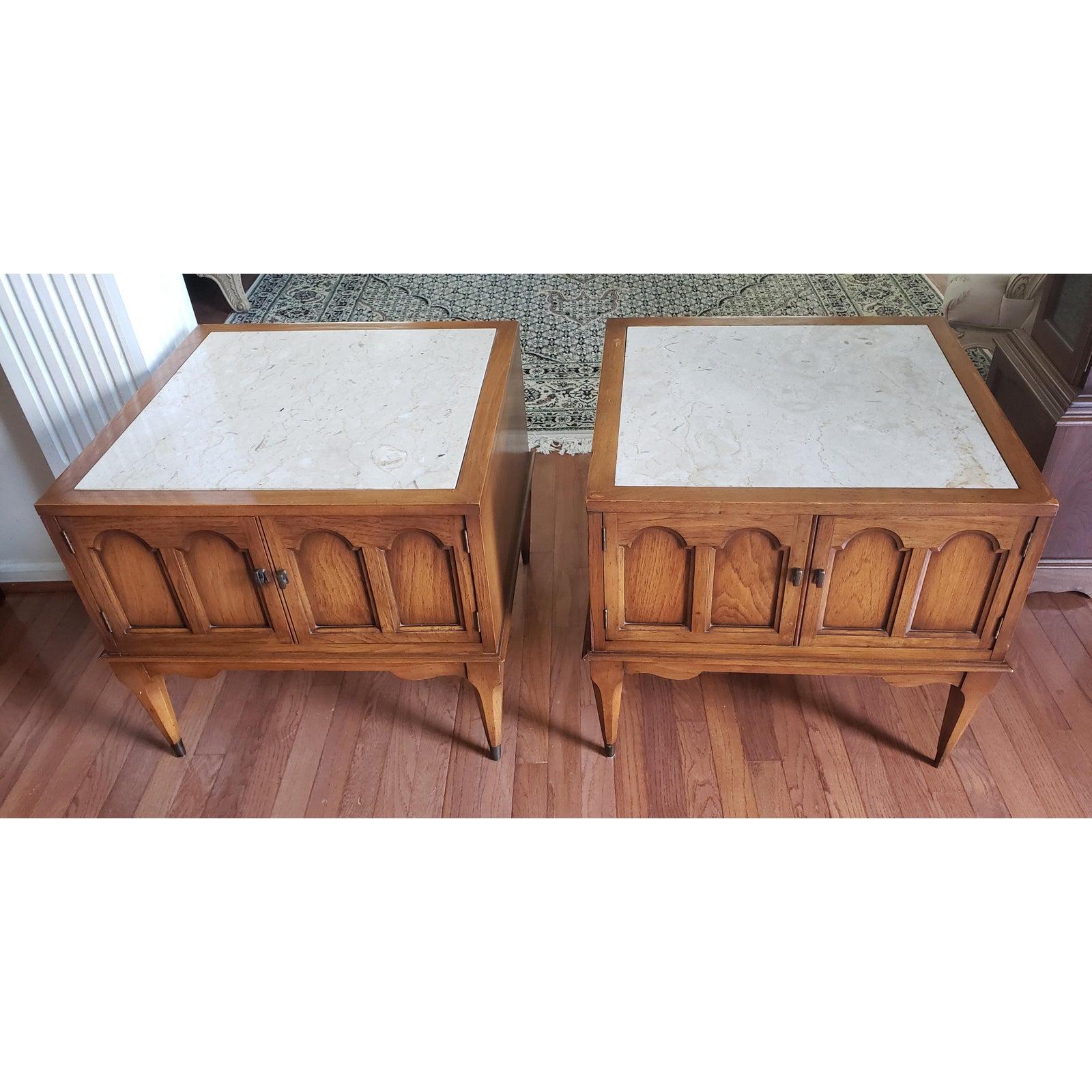 1960s Vintage Solid Pecan French Country Side Tables with Carrara Marble Top  For Sale 2