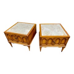 1960s Vintage Solid Pecan French Country Side Tables with Carrara Marble Top 