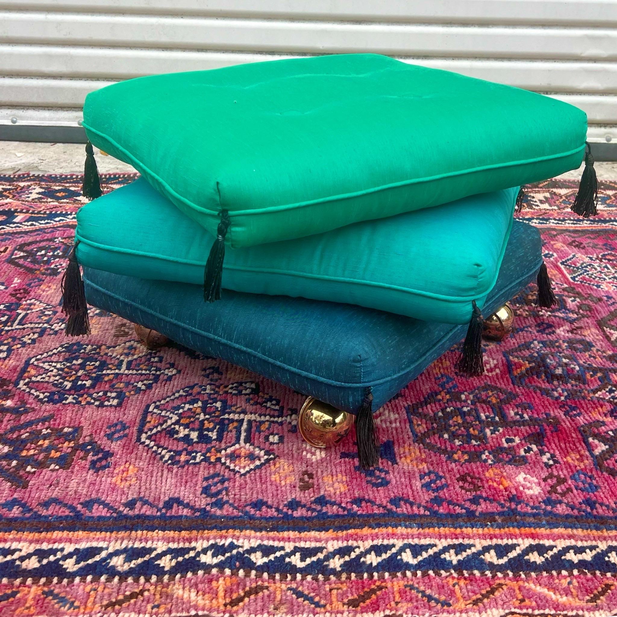 Unknown 1960s Vintage Stacked Blue/Turquoise/ Green Pillow Rolling Ottoman For Sale