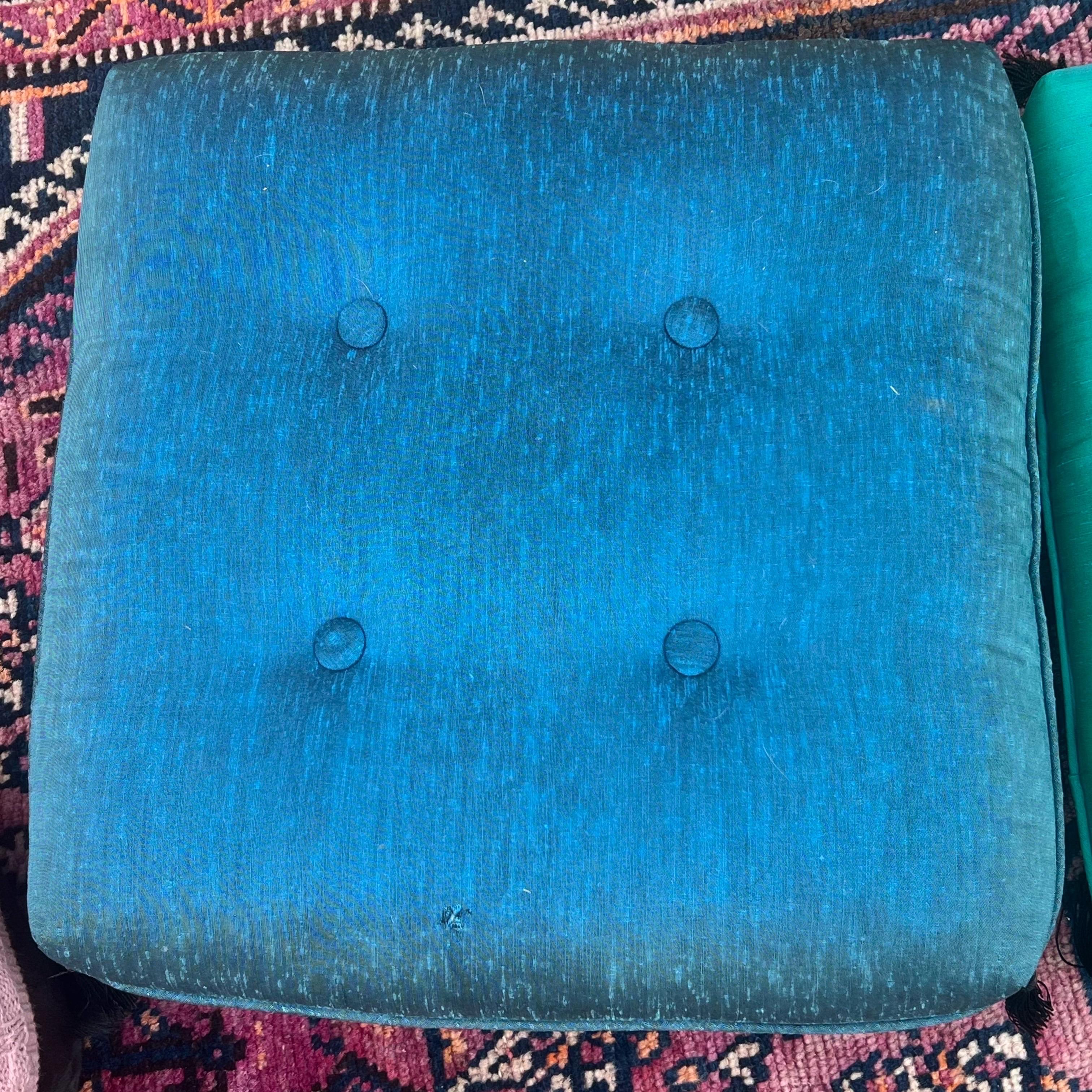 Metal 1960s Vintage Stacked Blue/Turquoise/ Green Pillow Rolling Ottoman For Sale