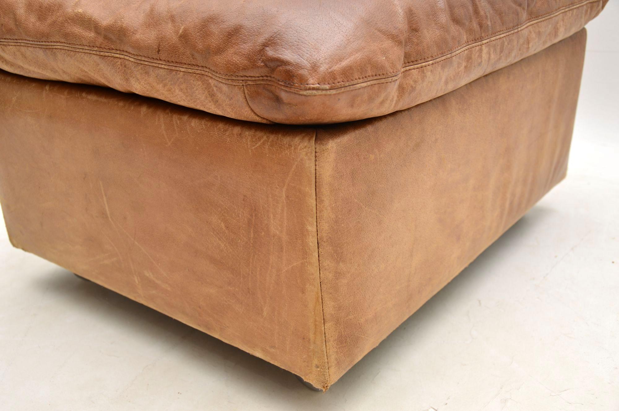 English 1960s Vintage Tanned Leather and Chrome Footstool Ottoman