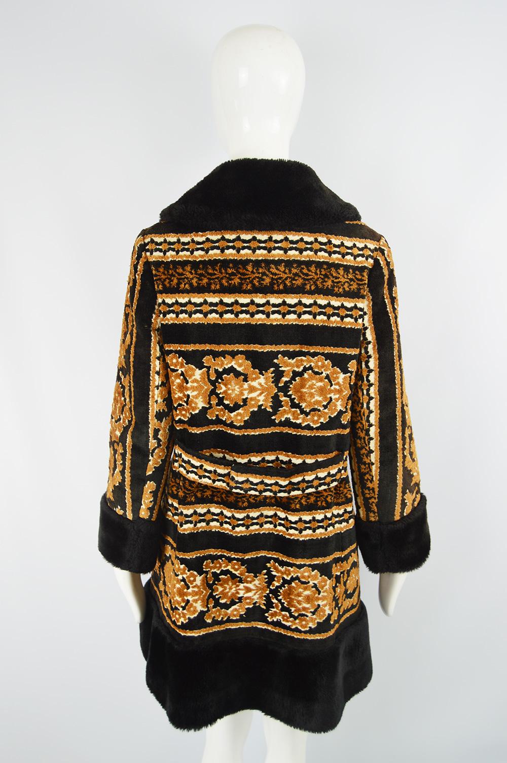Women's 1960s Vintage Tapestry & Black Faux Fur Black & Orange Boho Carpet Coat