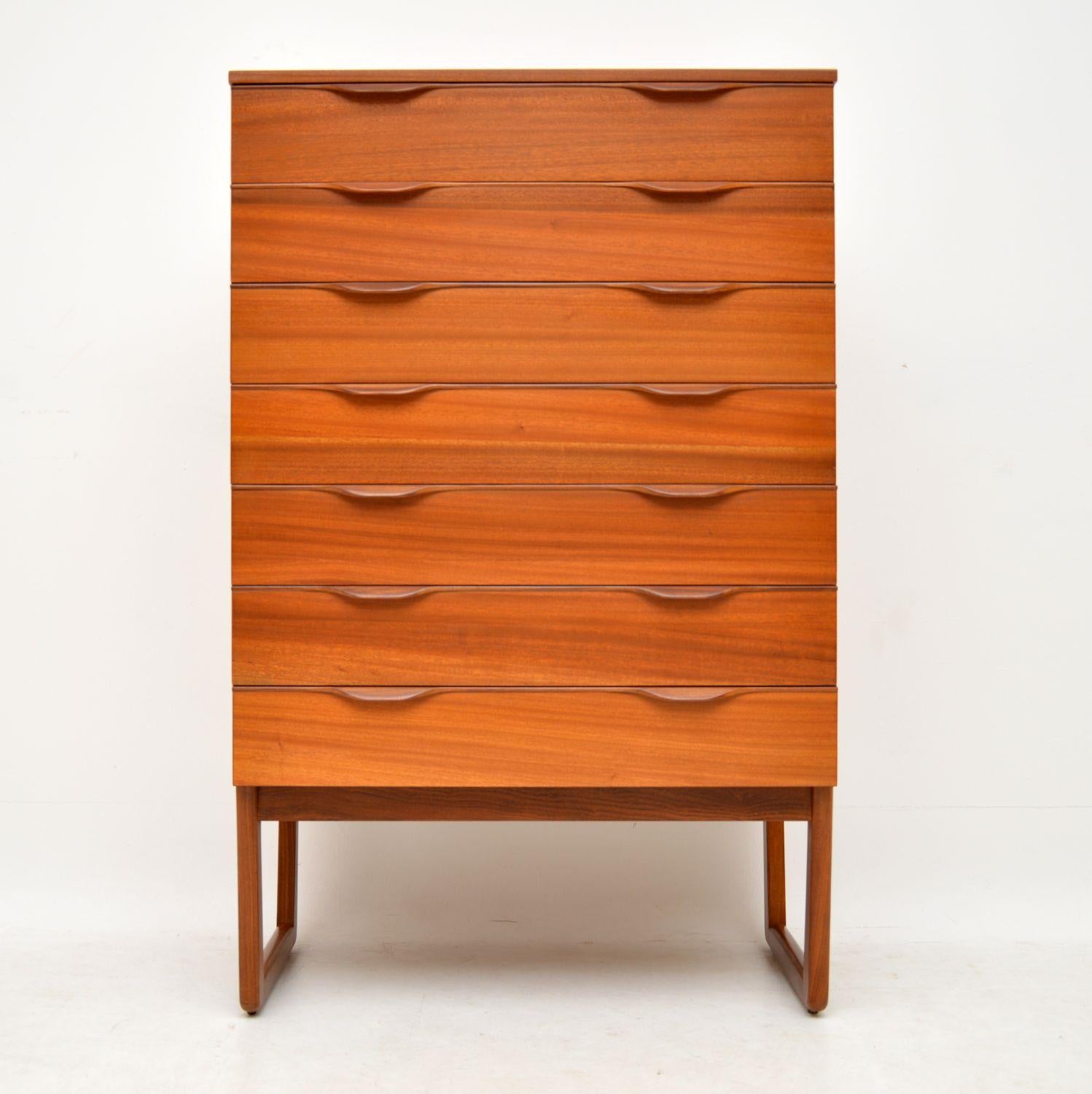 A stylish and very well made chest of drawers in teak, this dates from the 1960s. It has a beautiful design, with lots of storage space, the legs are detachable for ease of transport. We have had this completely stripped and re-polished to a very