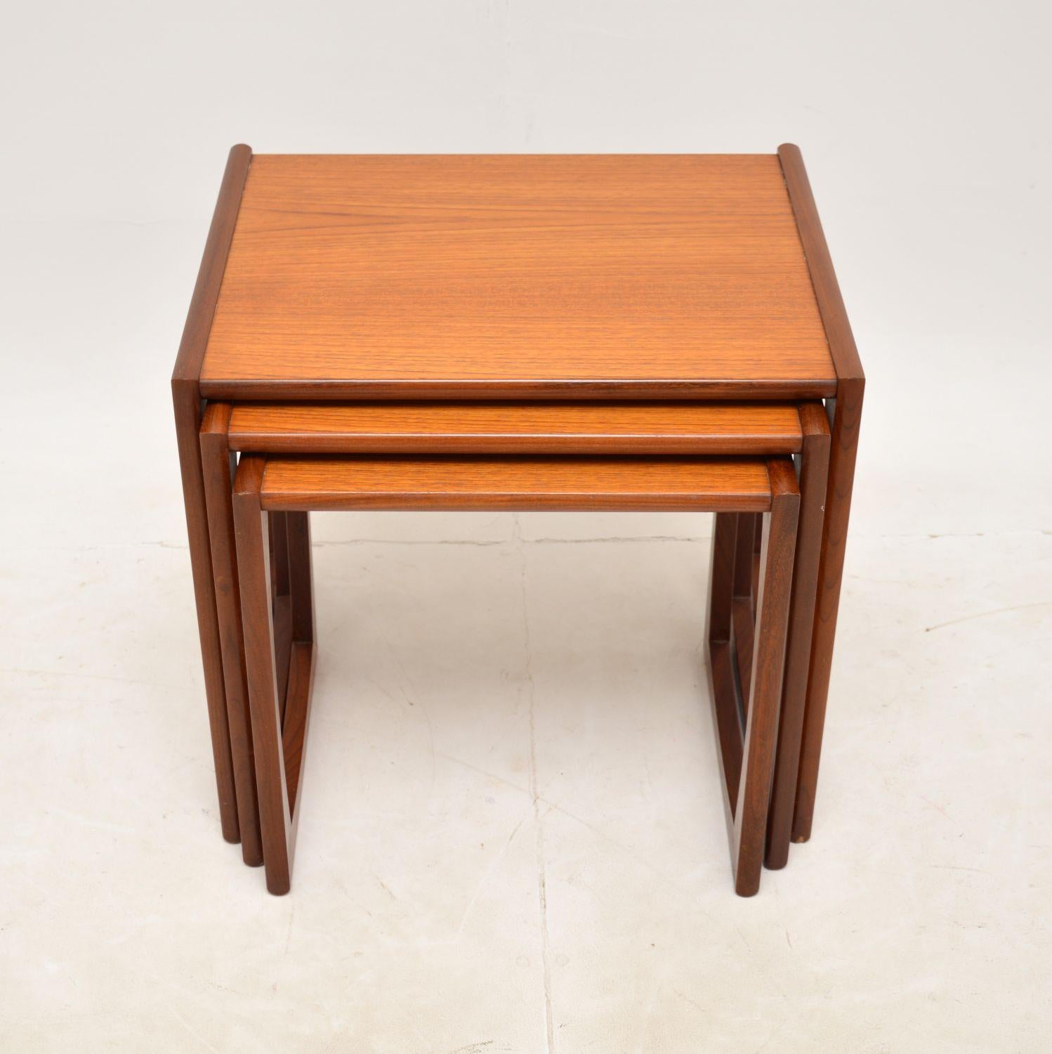 A stunning and iconic design, these teak nesting tables were made by G Plan. This model is from the Quadrille range, they were made in England and date from the 1960s.
The quality is amazing and these have a very clever design. They have slightly