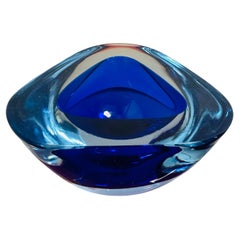 1960s Vintage Triangular Cobalt Blue & Clear Murano Sommerso Glass Bowl