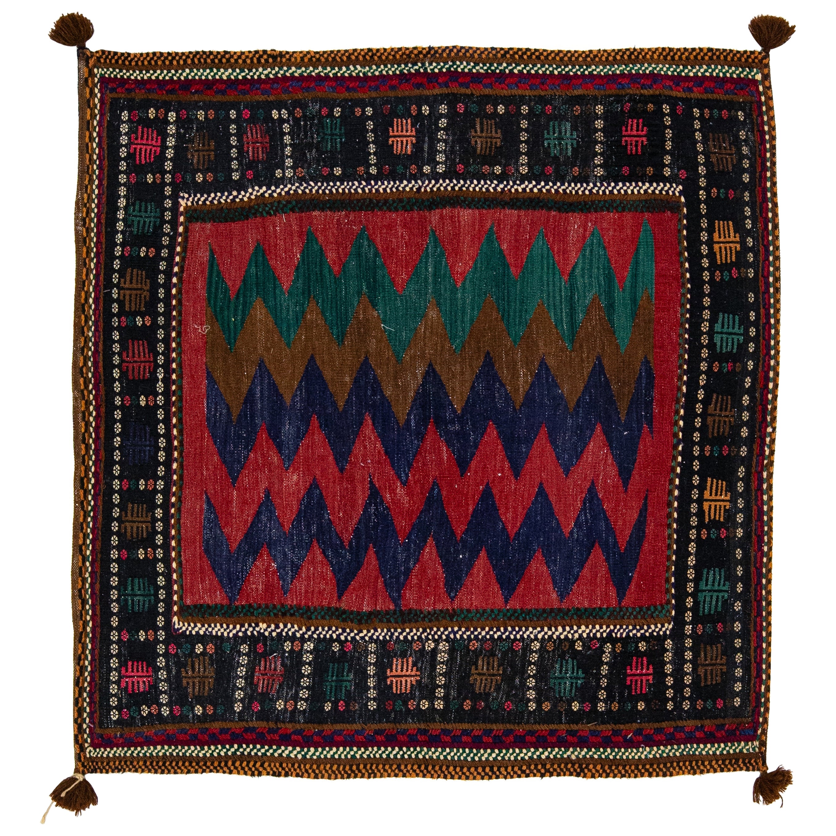 Alfombra persa tribal de lana azul shiraz de los años 60 con detalles multicolores en venta