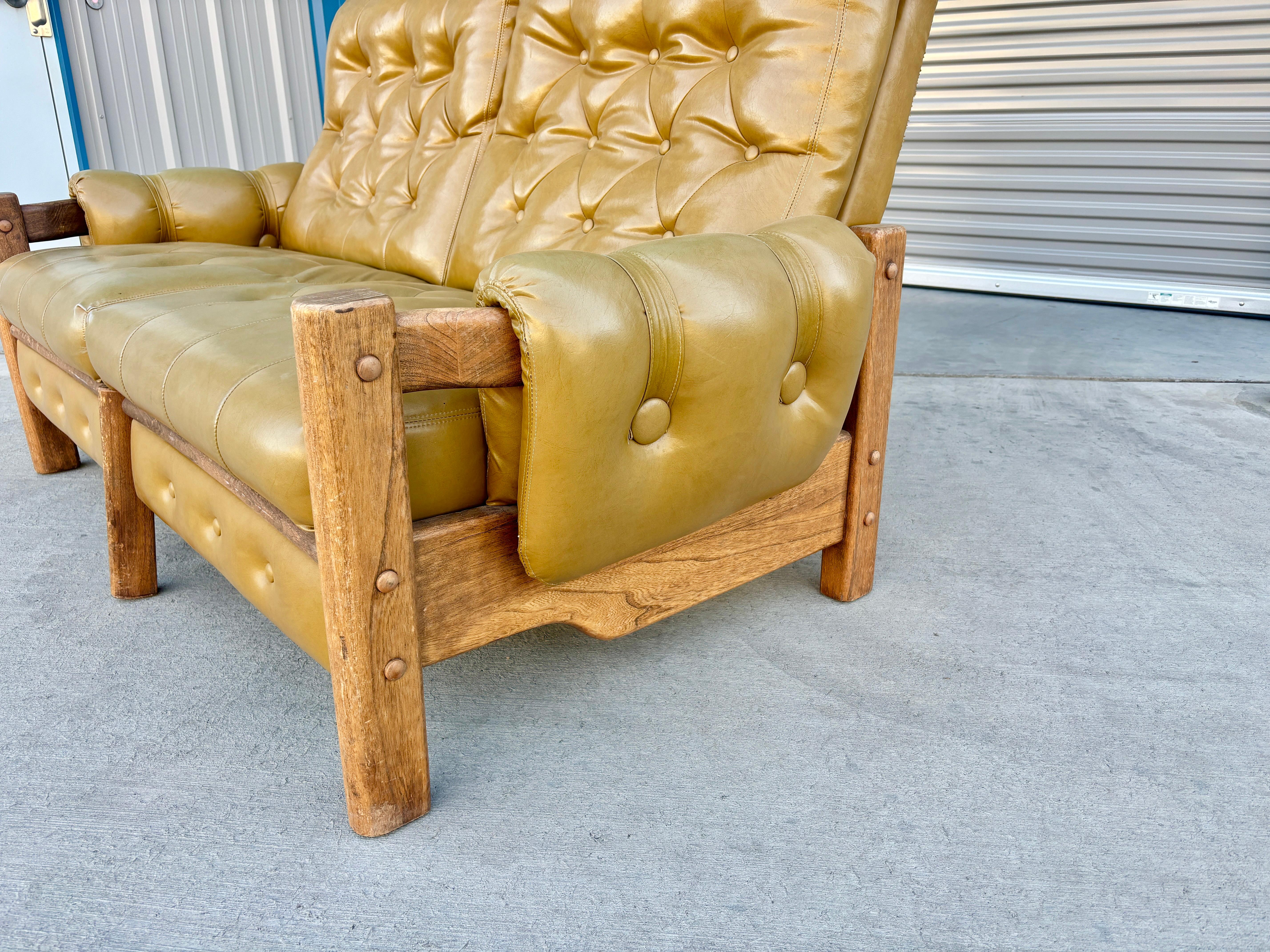 1960s Vintage Tufted Vinyl & Oak Loveseat For Sale 3