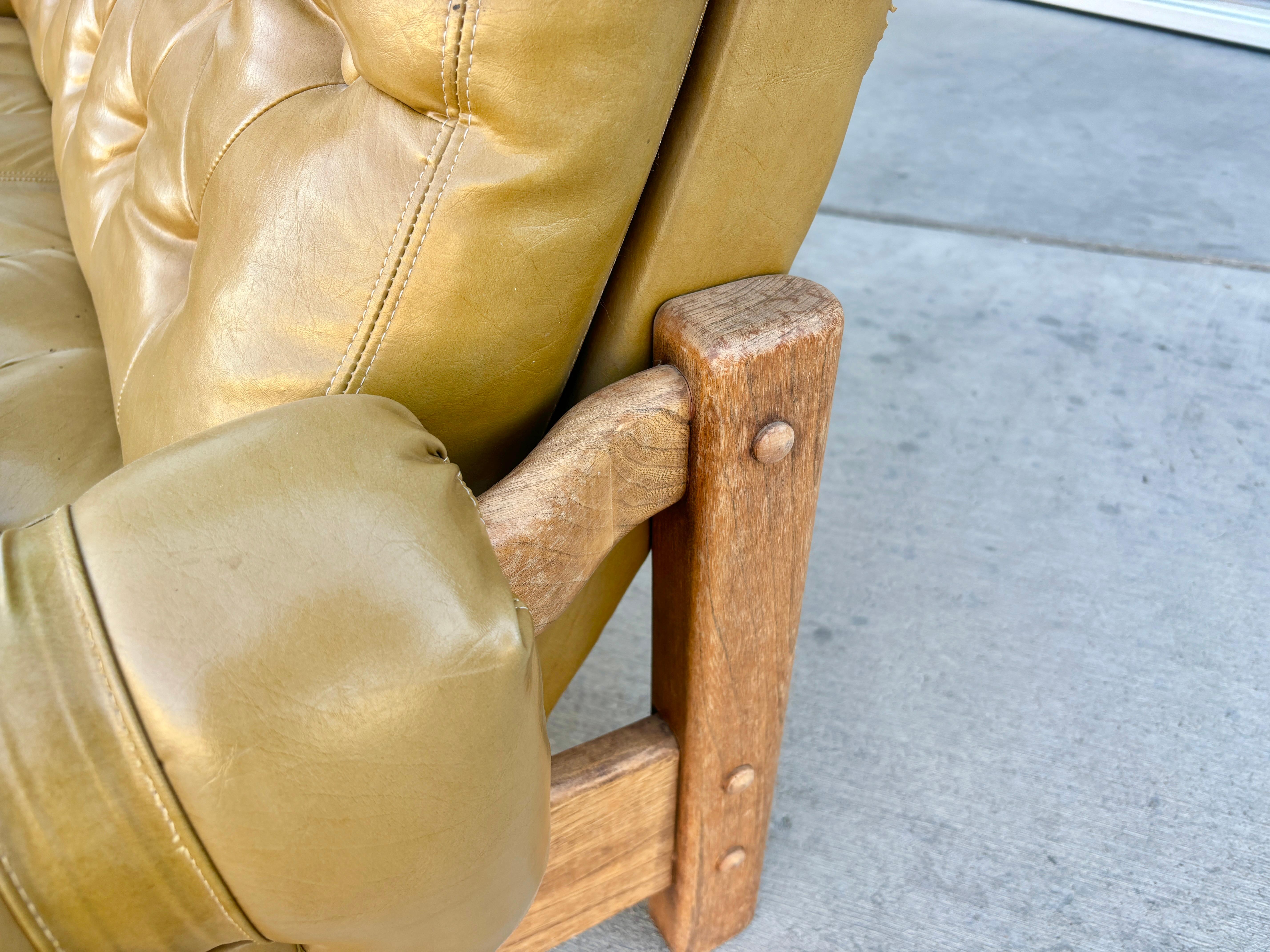 1960s Vintage Tufted Vinyl & Oak Loveseat For Sale 5