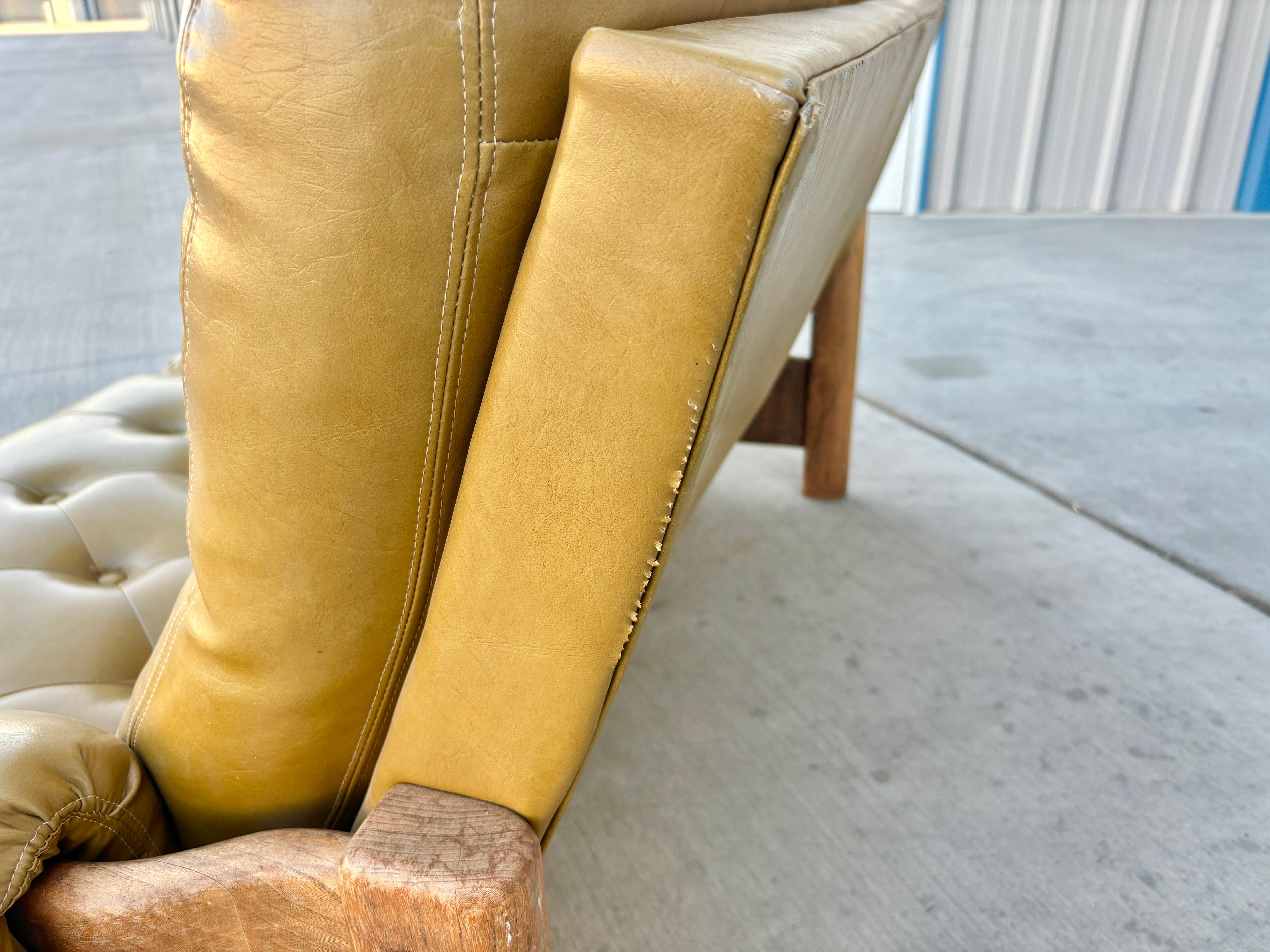 1960s Vintage Tufted Vinyl & Oak Loveseat For Sale 6