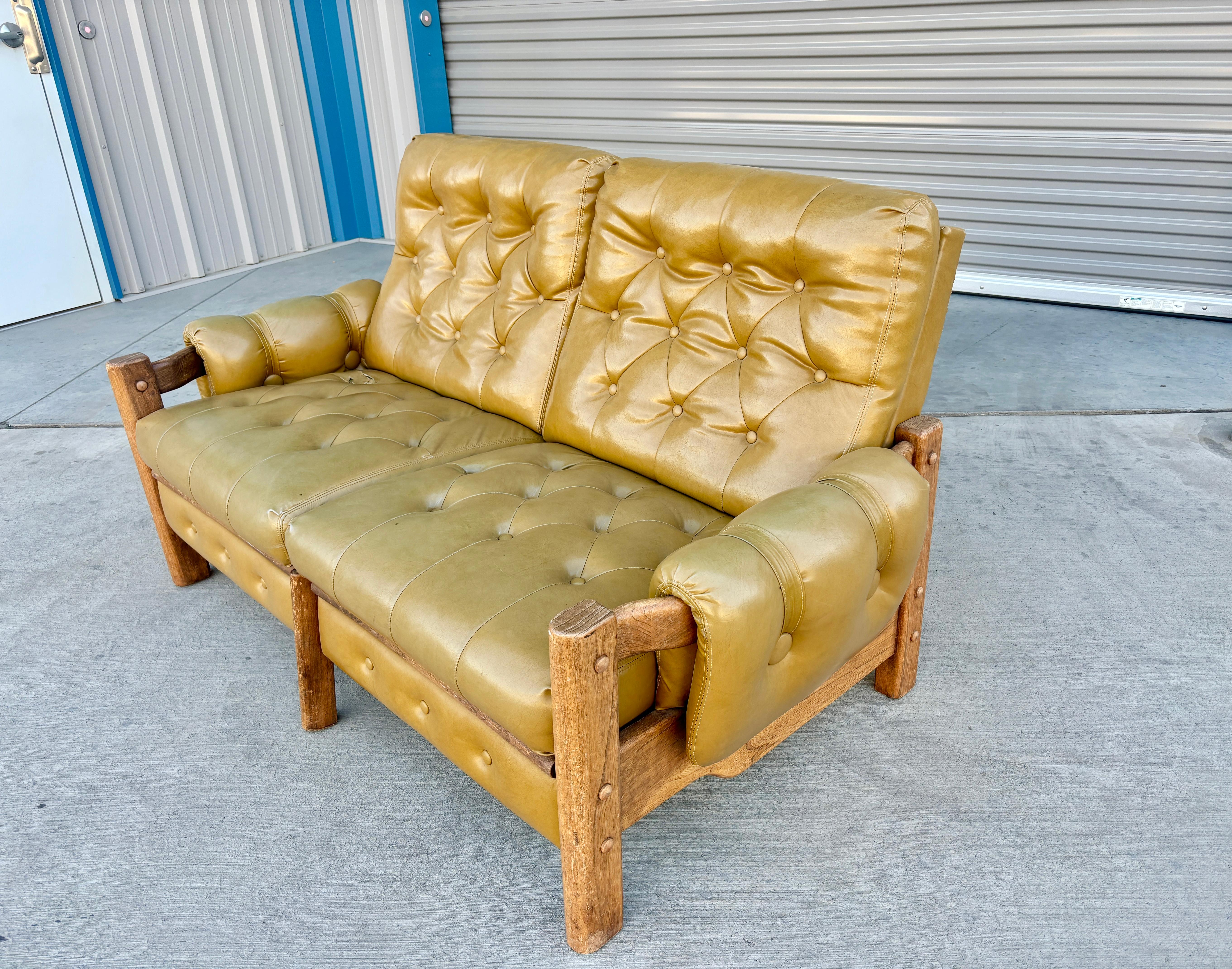 Faux Leather 1960s Vintage Tufted Vinyl & Oak Loveseat For Sale