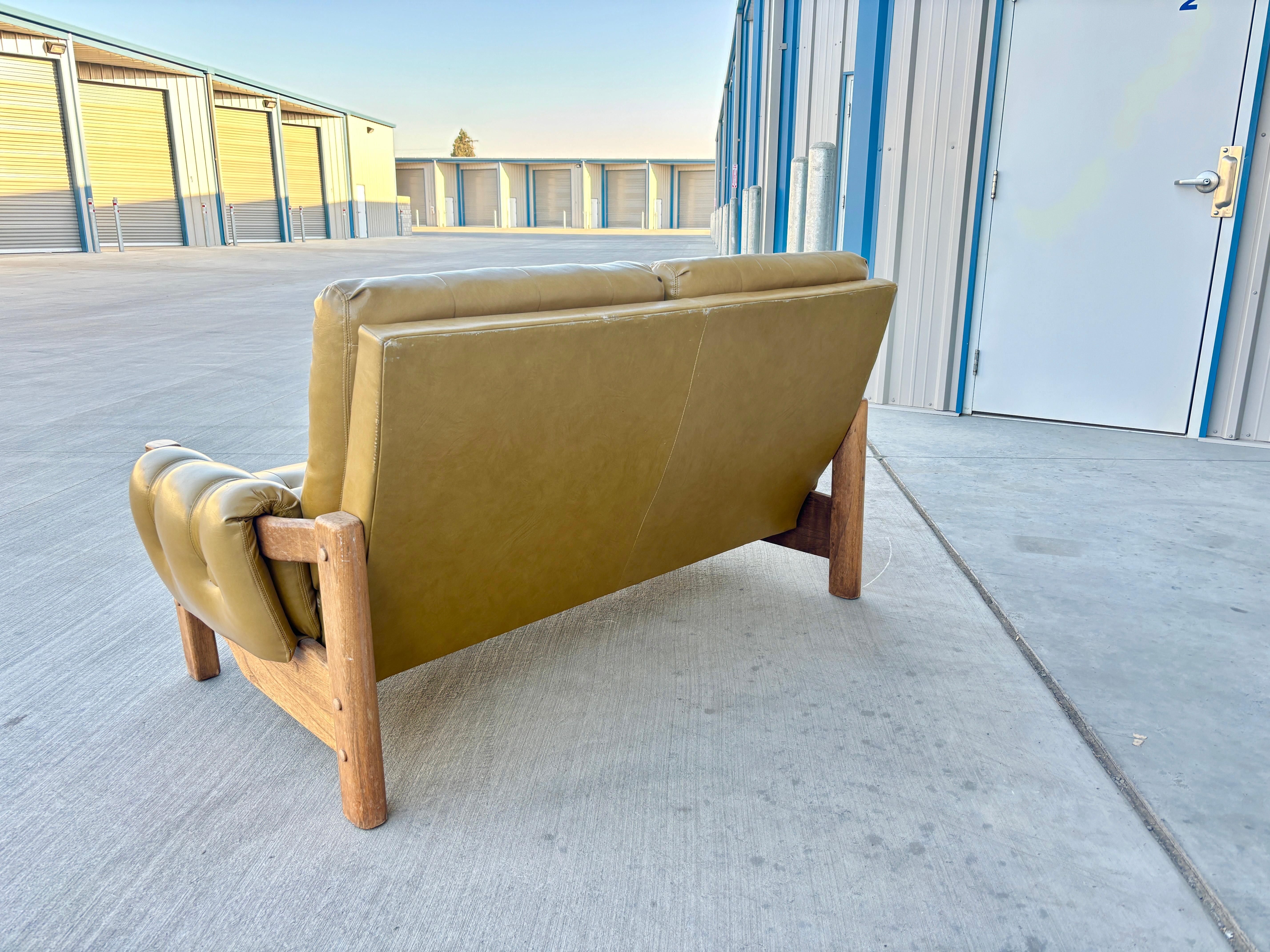 1960s Vintage Tufted Vinyl & Oak Loveseat For Sale 2