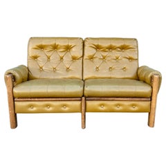 1960s Vintage Tufted Vinyl & Oak Loveseat