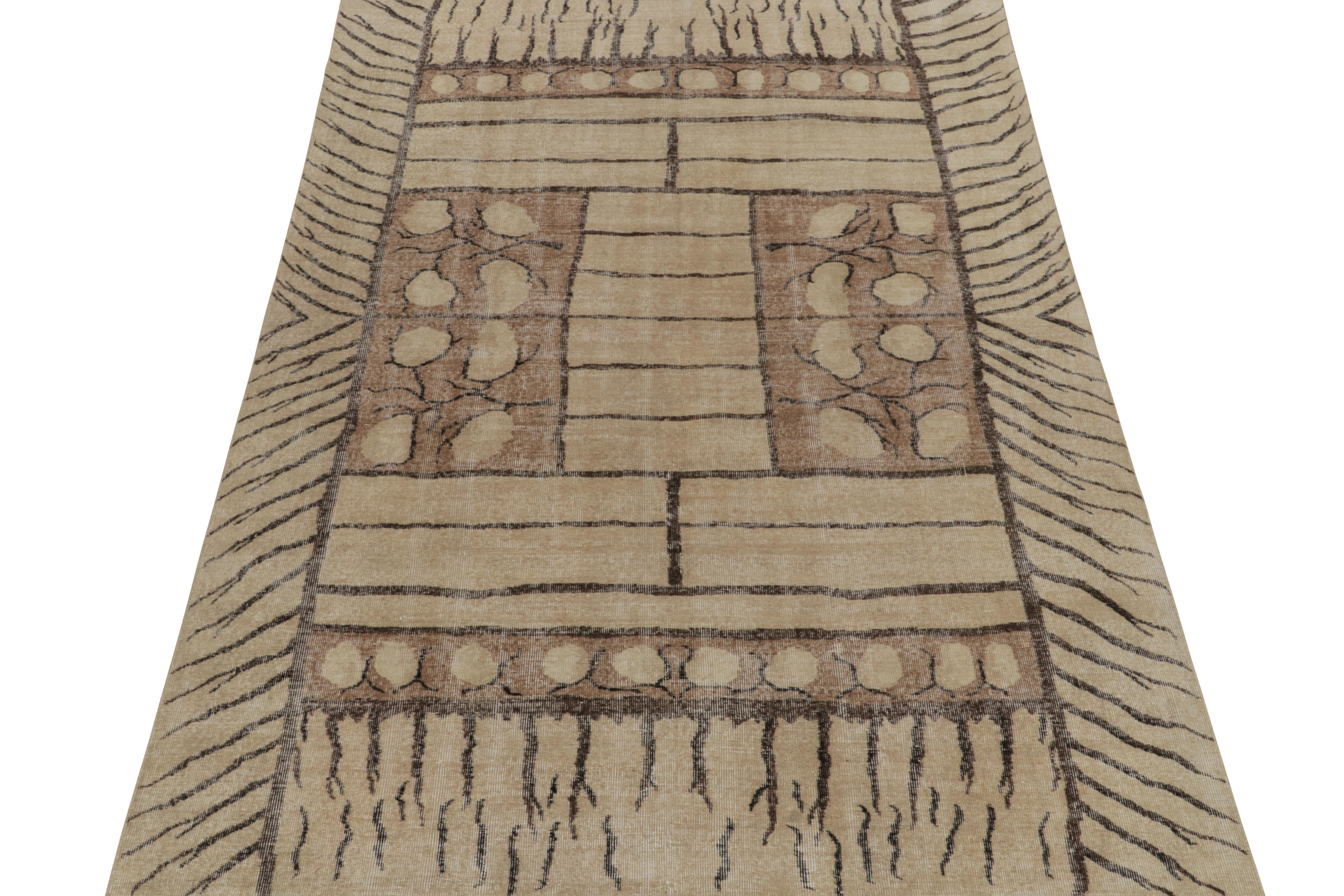 Hand-knotted in wool, a 7x10 vintage rug from an innovative Turkish designer is commemorated in Rug & Kilim’s Mid-Century Pasha Collection. 

This 1960s piece enjoys an exemplary play of this artist’s worldly artistic influences in carpet design,