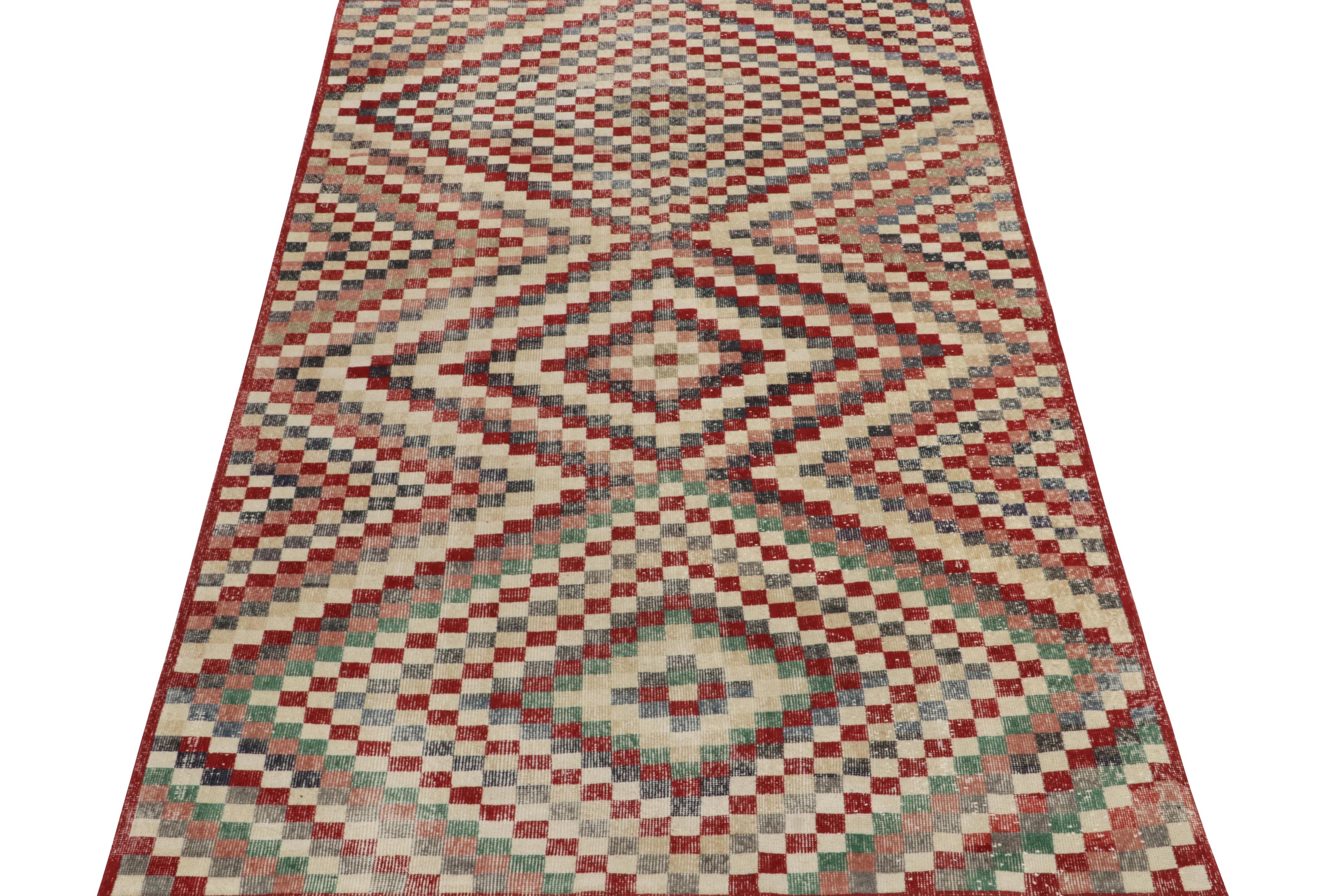Folk Art 1960s Vintage Turkish Rug in Red, Beige and Pink Geometric Pattern, Distressed For Sale