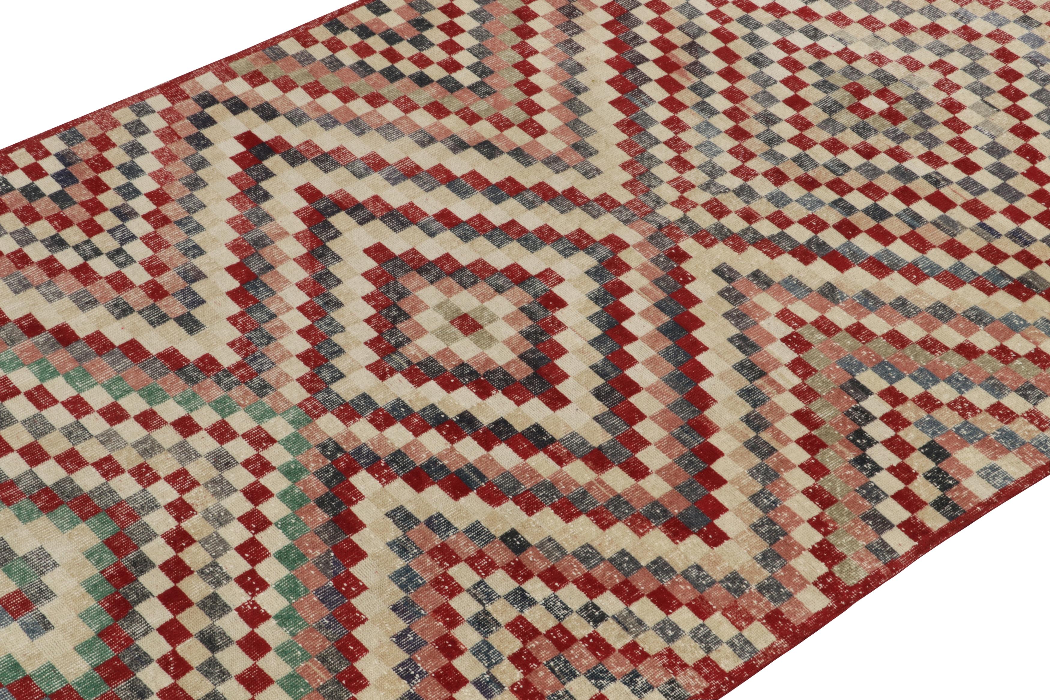 American 1960s Vintage Turkish Rug in Red, Beige and Pink Geometric Pattern, Distressed For Sale