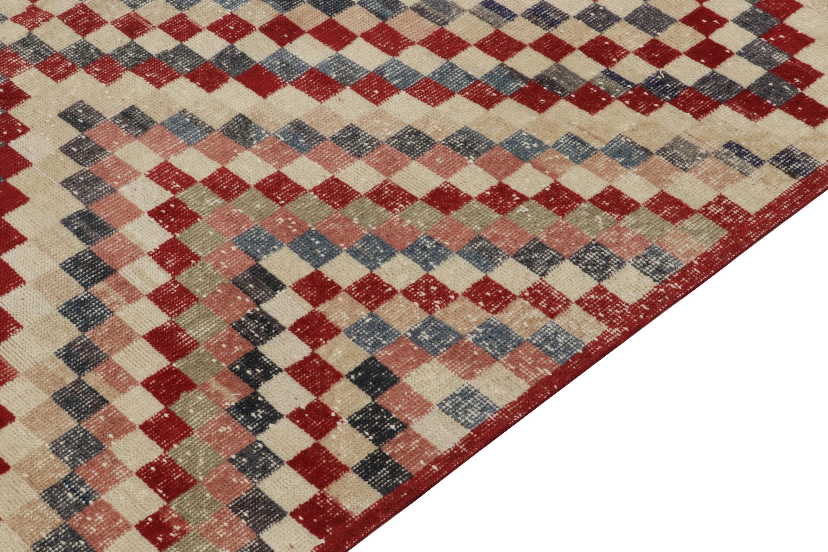 Hand-Knotted 1960s Vintage Turkish Rug in Red, Beige and Pink Geometric Pattern, Distressed For Sale