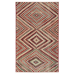 1960s Vintage Turkish Rug in Red, Beige and Pink Geometric Pattern, Distressed