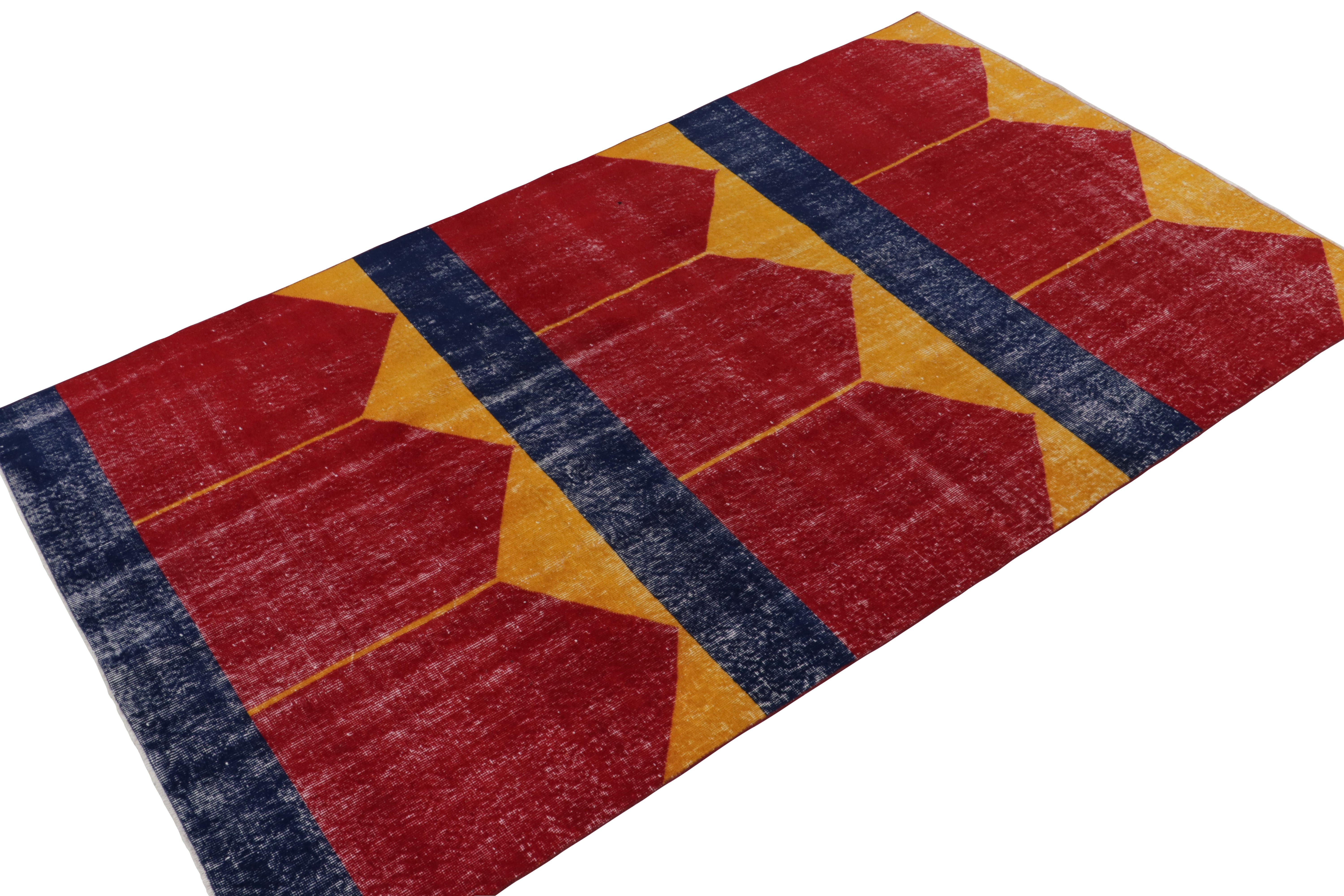 Art Deco 1960s Vintage Turkish Rug in Red, Blue, Gold Geometric Pattern by Rug & Kilim For Sale