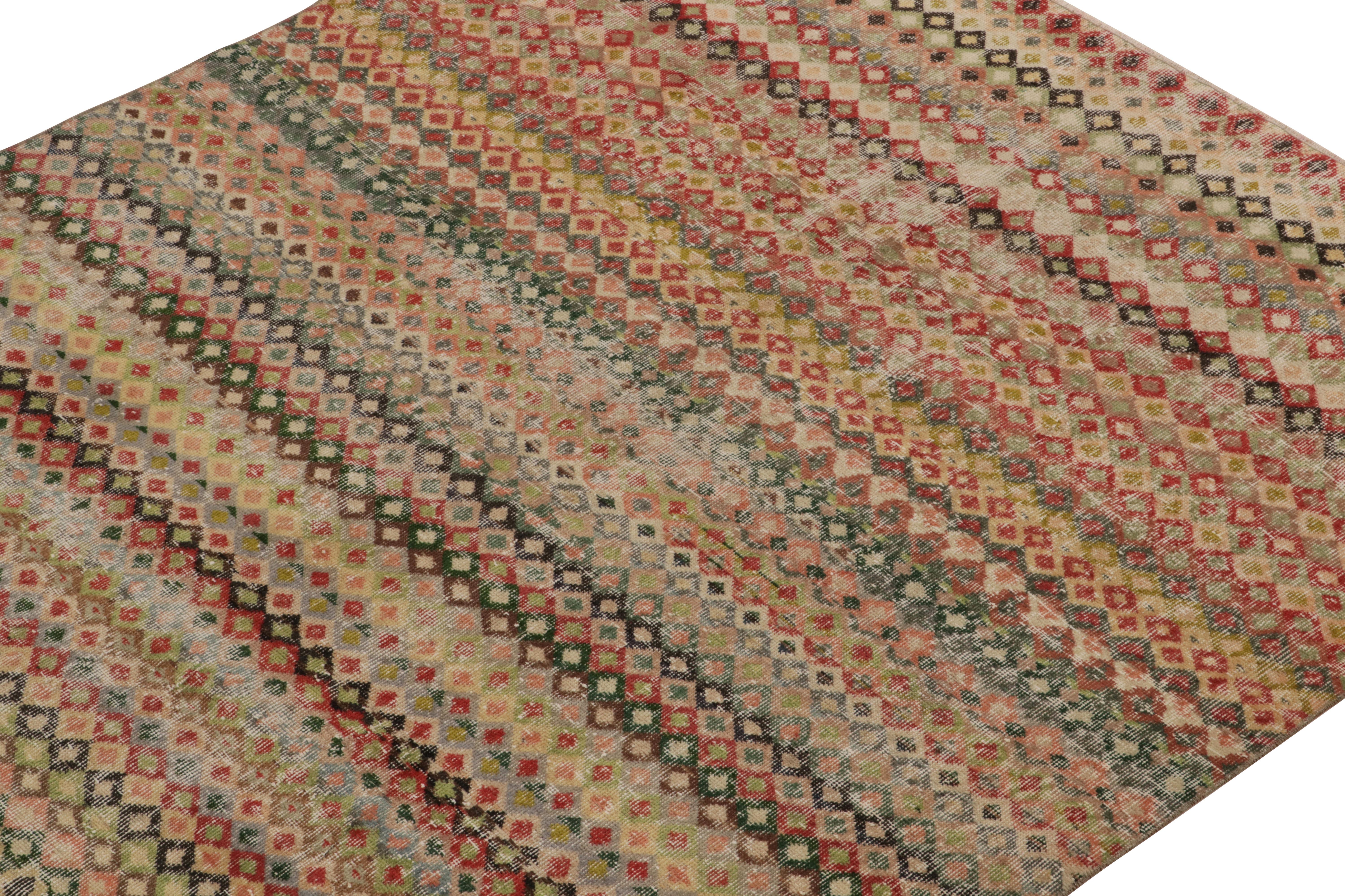 Hand-Knotted 1960s Vintage Turkish Rug in Red, Green Geometric Pattern by Rug & Kilim For Sale