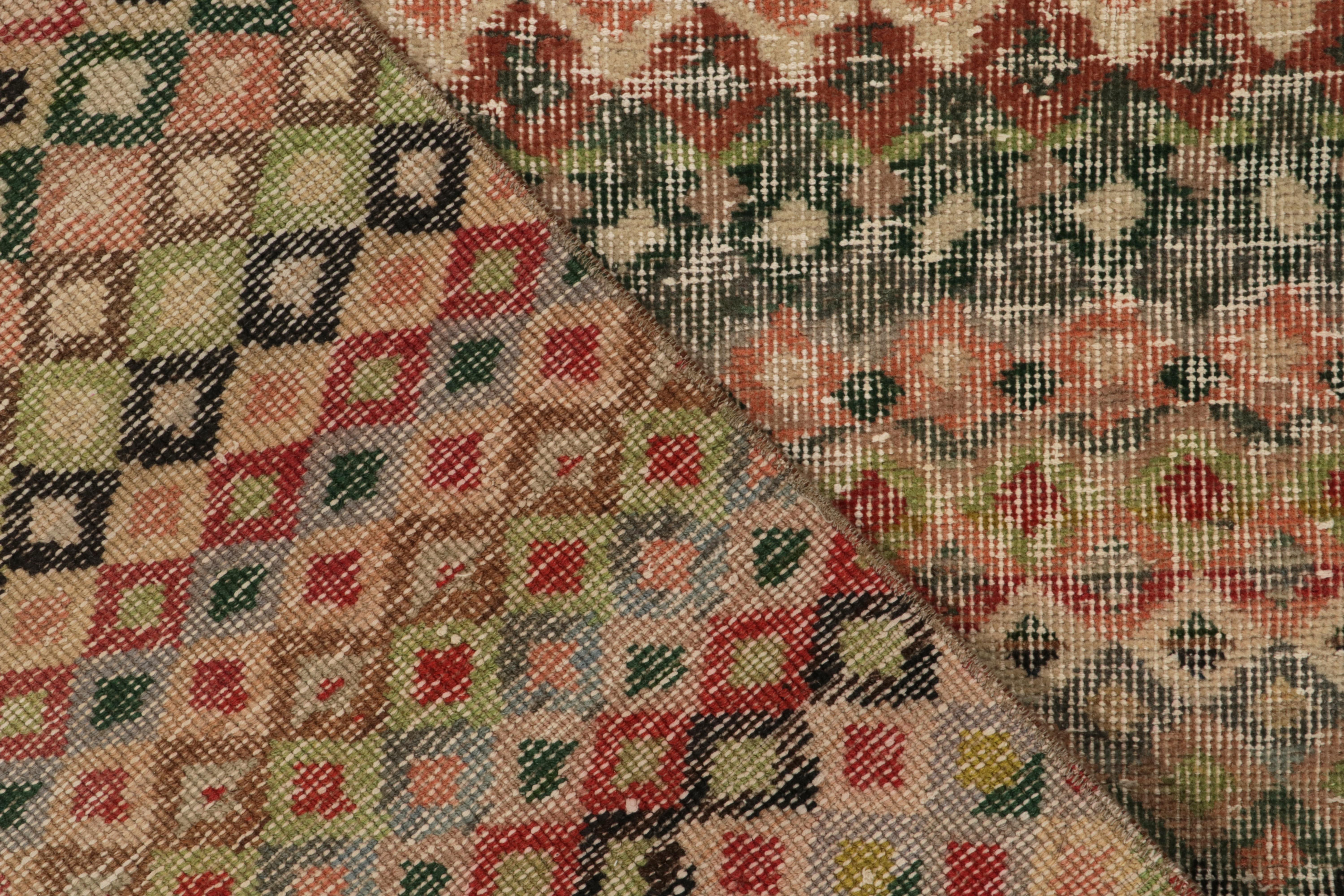 Wool 1960s Vintage Turkish Rug in Red, Green Geometric Pattern by Rug & Kilim For Sale