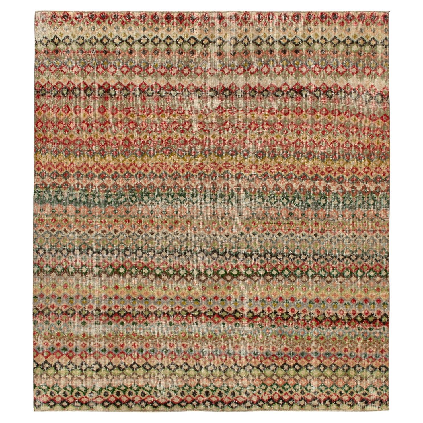 1960s Vintage Turkish Rug in Red, Green Geometric Pattern by Rug & Kilim For Sale