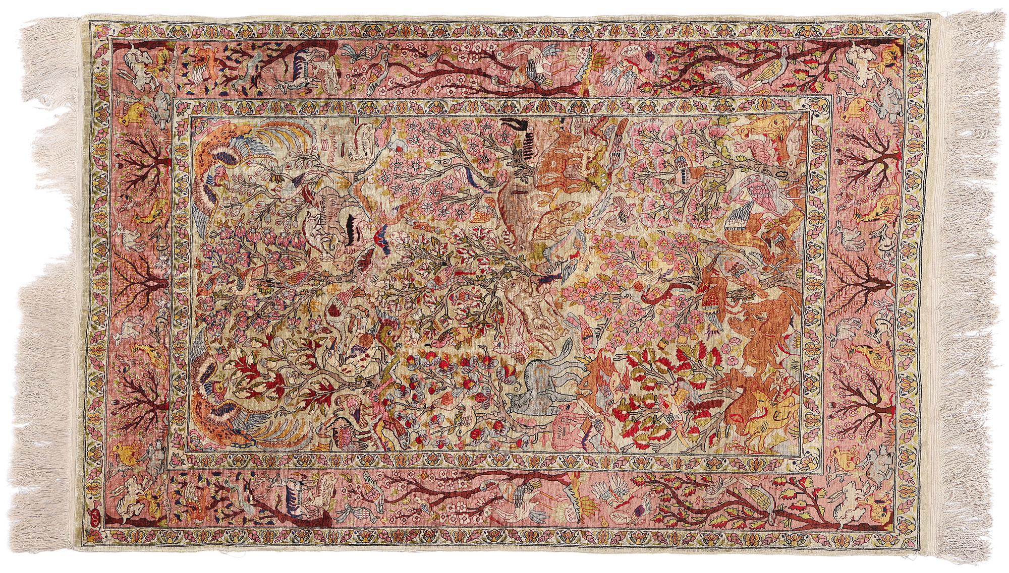 Vintage Turkish Silk Hereke Rug with Garden of Paradise Tree of Life Design For Sale 4