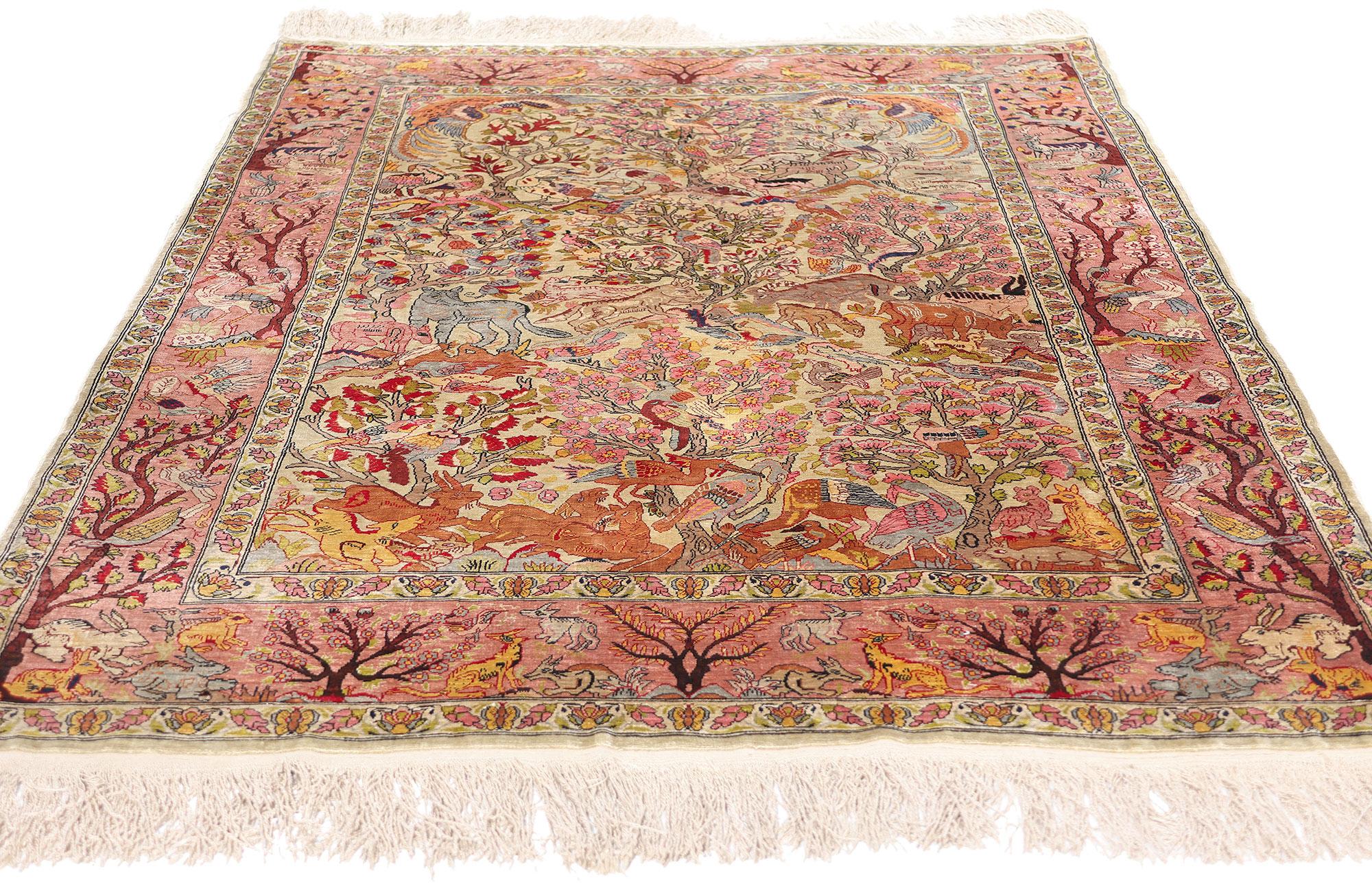Bohemian Vintage Turkish Silk Hereke Rug with Garden of Paradise Tree of Life Design For Sale