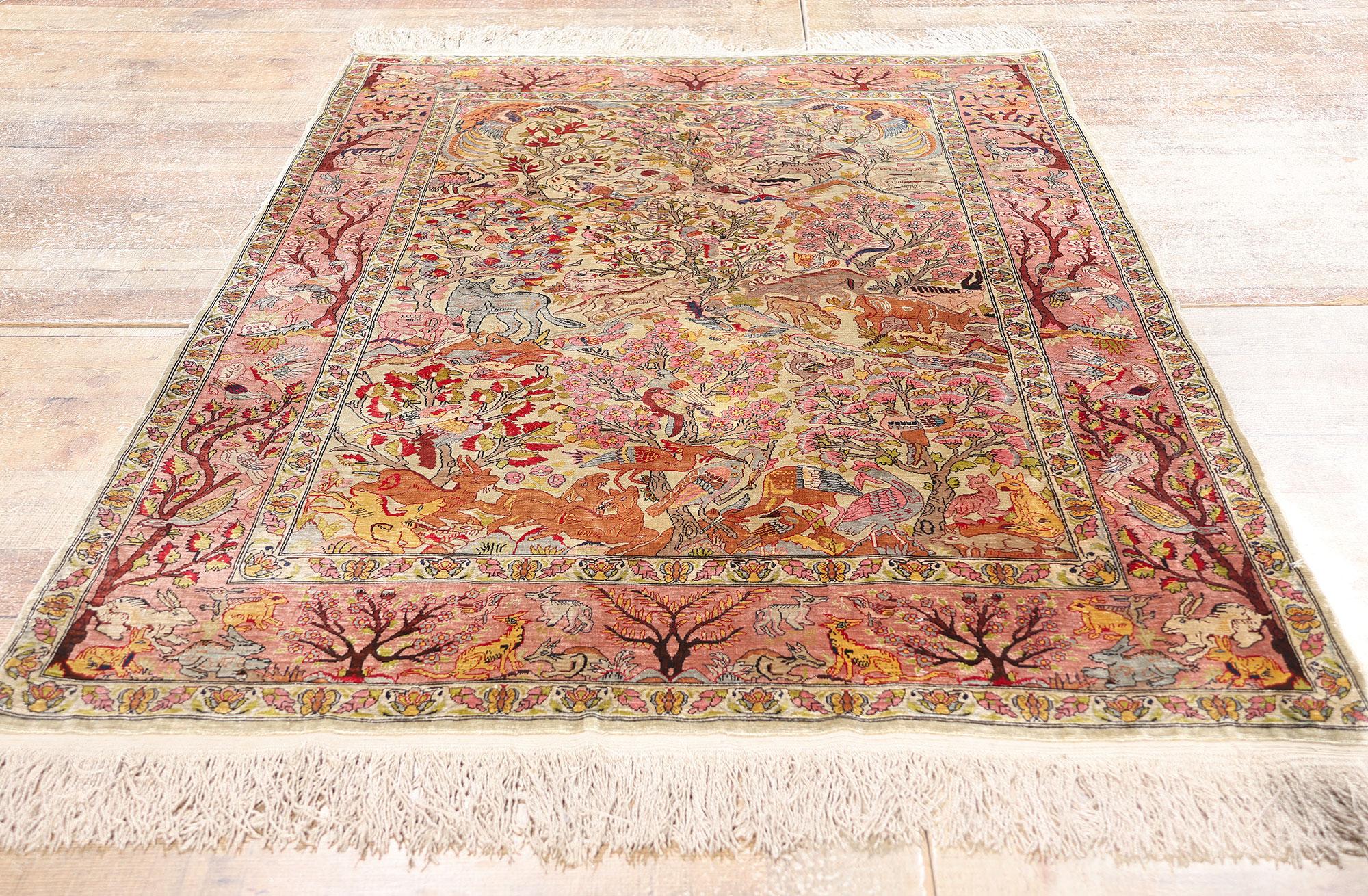 Hand-Knotted Vintage Turkish Silk Hereke Rug with Garden of Paradise Tree of Life Design For Sale