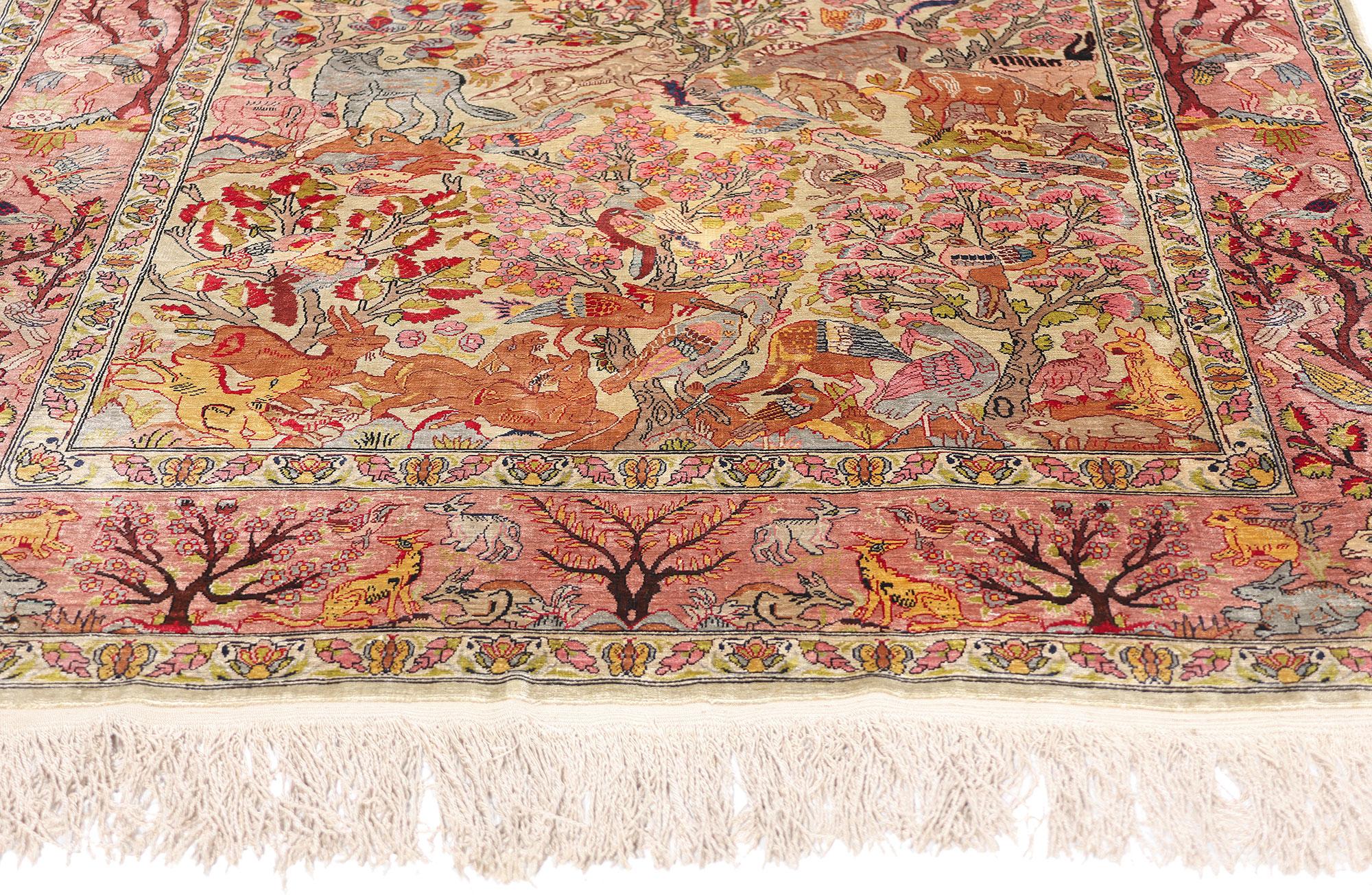 20th Century Vintage Turkish Silk Hereke Rug with Garden of Paradise Tree of Life Design For Sale