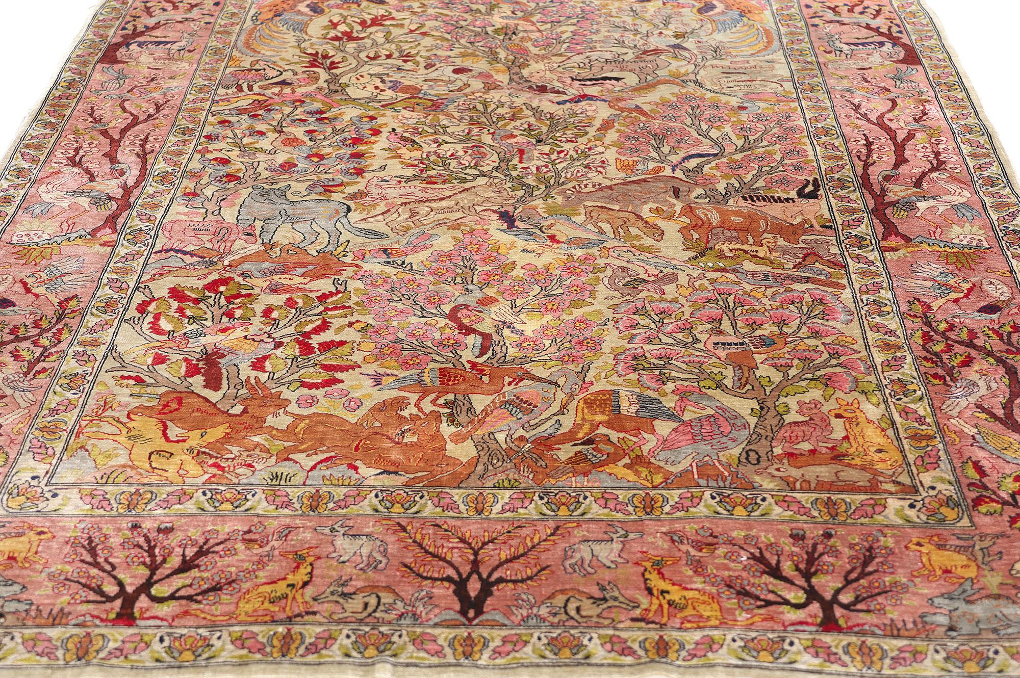 Vintage Turkish Silk Hereke Rug with Garden of Paradise Tree of Life Design For Sale 1