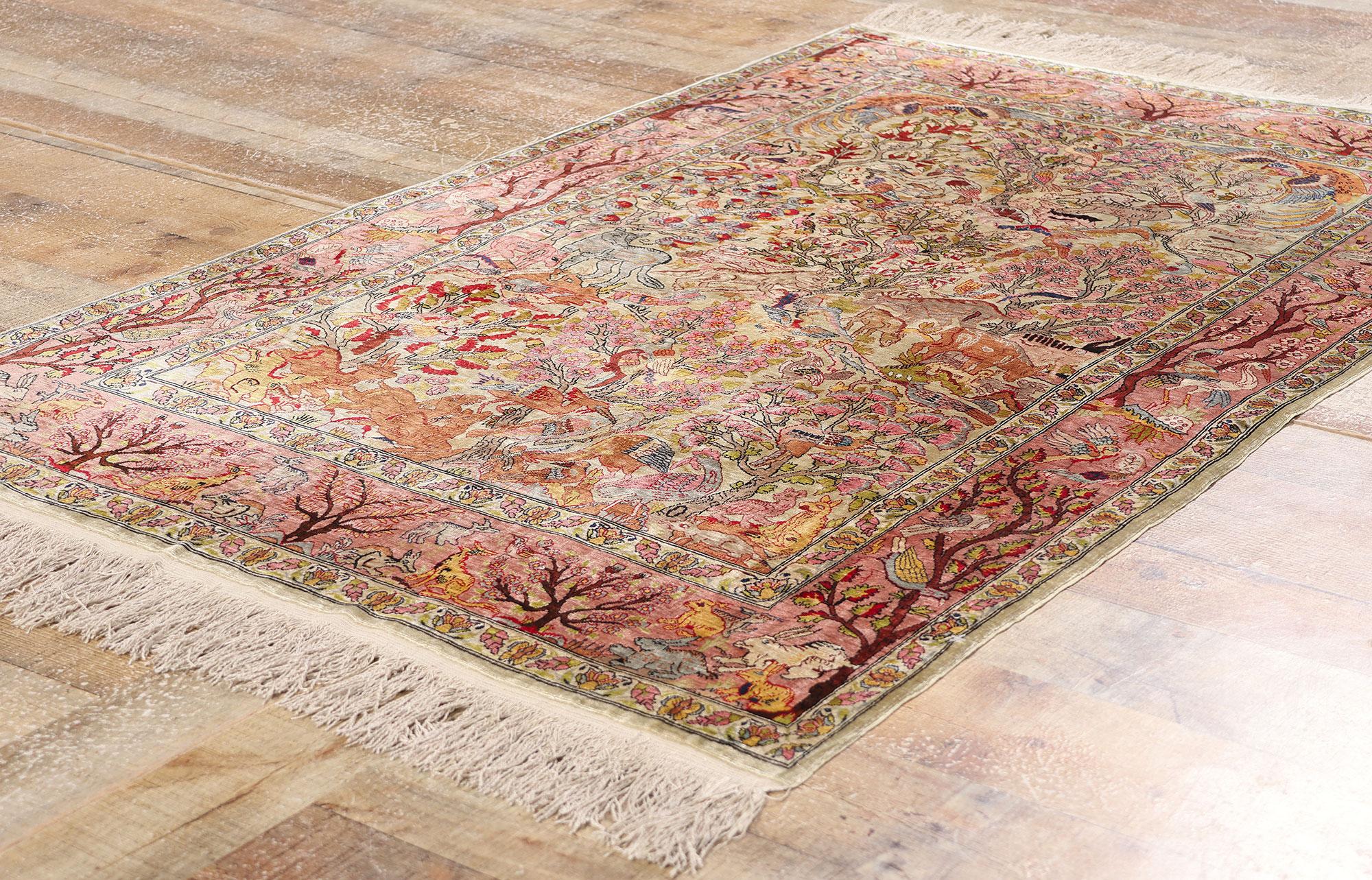 Vintage Turkish Silk Hereke Rug with Garden of Paradise Tree of Life Design For Sale 2