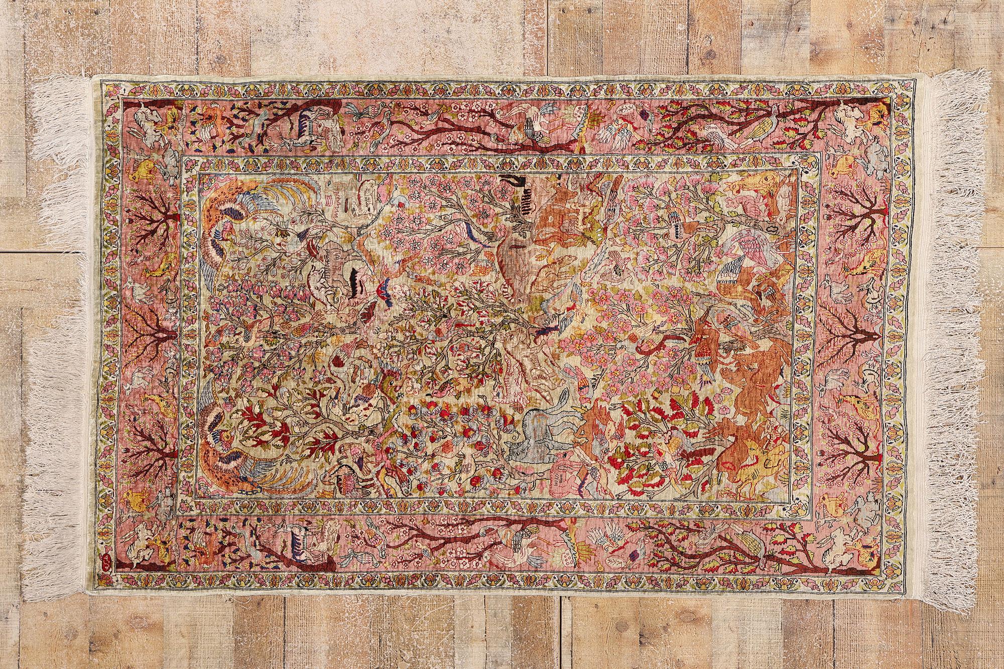 Vintage Turkish Silk Hereke Rug with Garden of Paradise Tree of Life Design For Sale 3