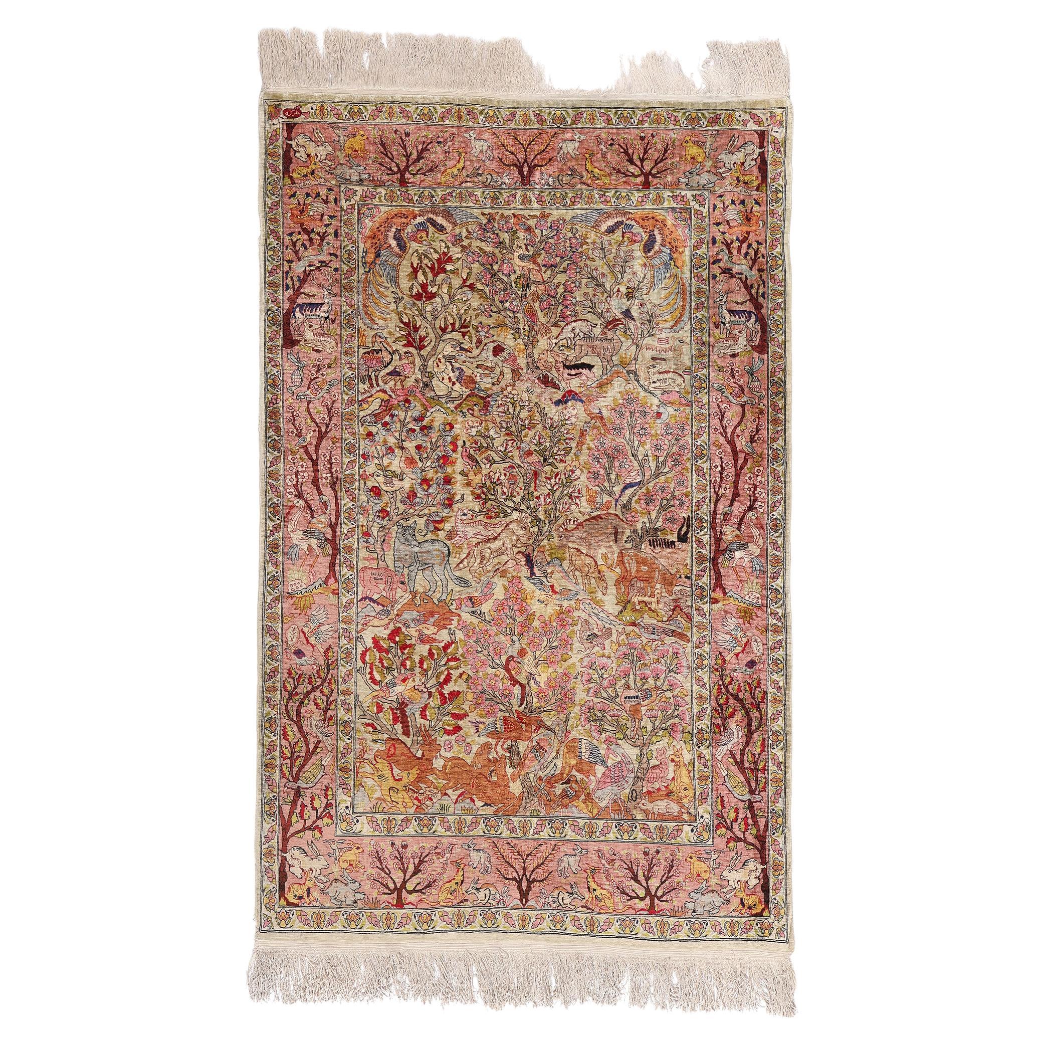 1960s Tapis turc vintage en soie Hereke  Jardin du Paradis  Le bois de vie