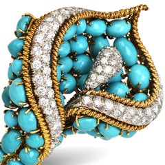 Broche vintage des années 1960 représentant un feuillage, avec diamants et turquoise, en platine et or 18 carats