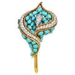 Broche vintage des années 1960 représentant un feuillage, avec diamants et turquoise, en platine et or 18 carats