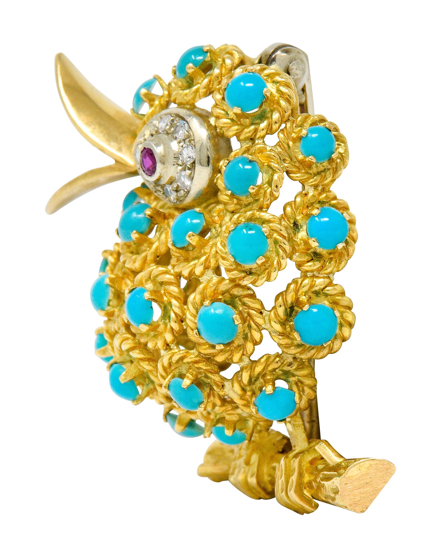 Contemporary 1960s Vintage Turquoise Diamond Ruby 18 Karat Gold Singing Bird Brooch