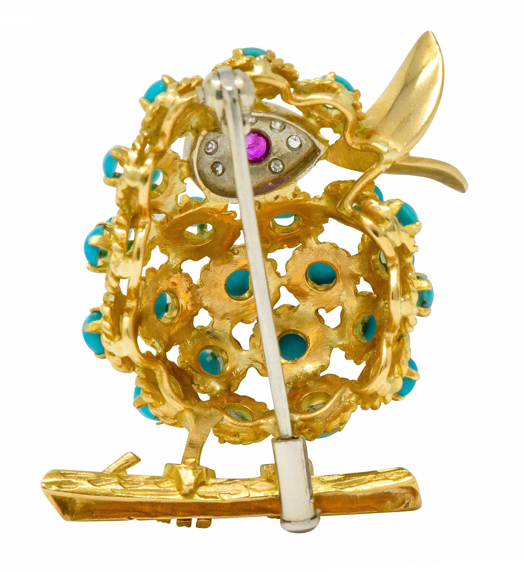 Cabochon 1960s Vintage Turquoise Diamond Ruby 18 Karat Gold Singing Bird Brooch