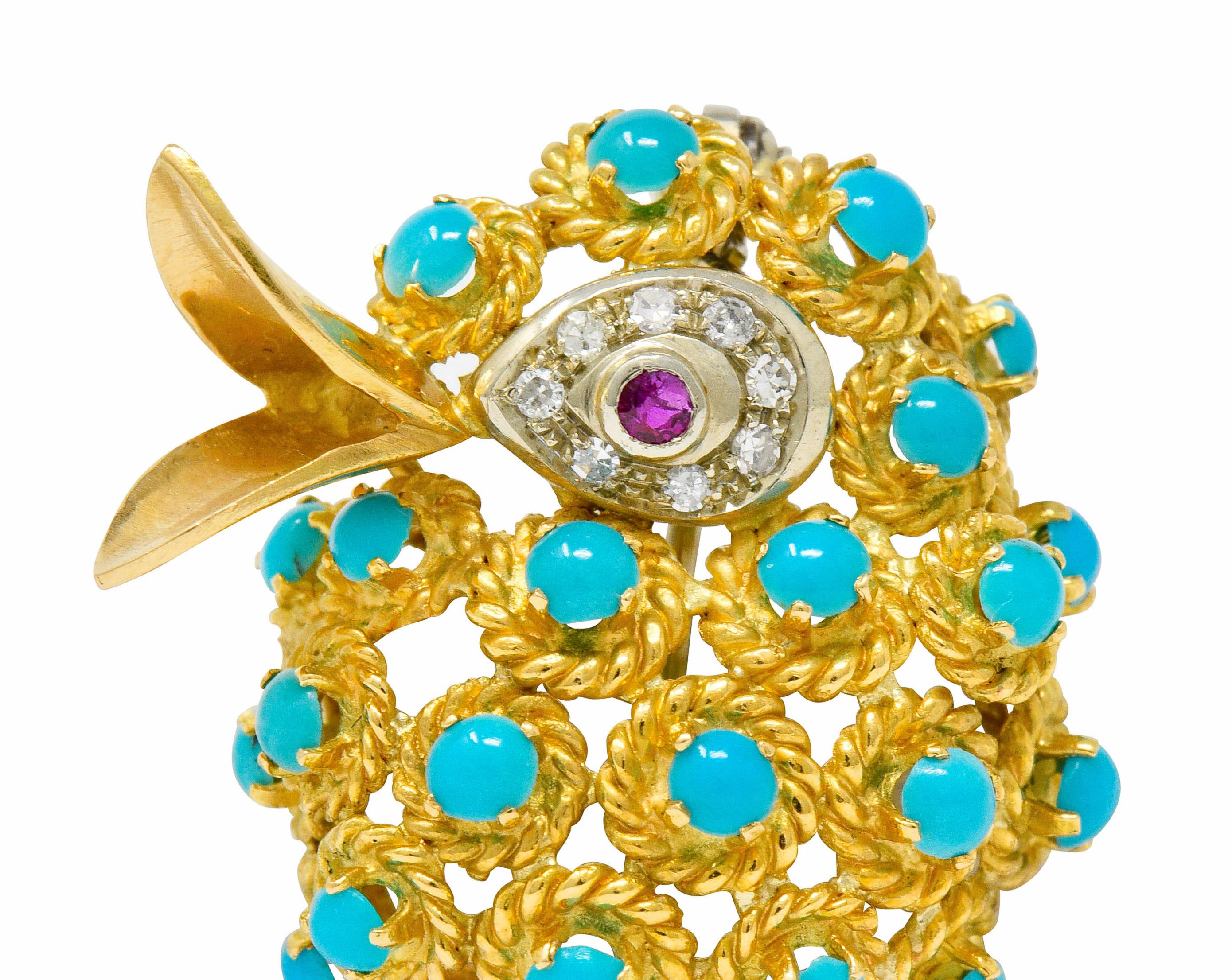 1960s Vintage Turquoise Diamond Ruby 18 Karat Gold Singing Bird Brooch In Excellent Condition In Philadelphia, PA