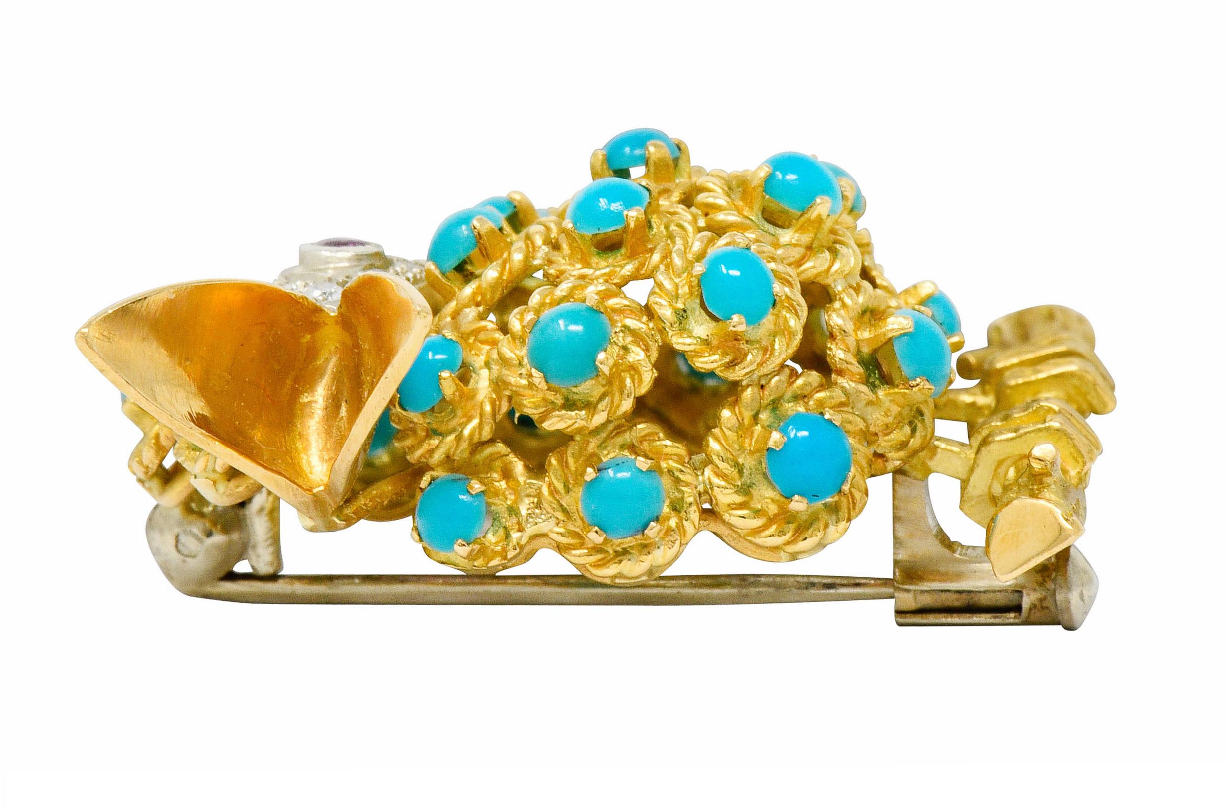 1960s Vintage Turquoise Diamond Ruby 18 Karat Gold Singing Bird Brooch 1