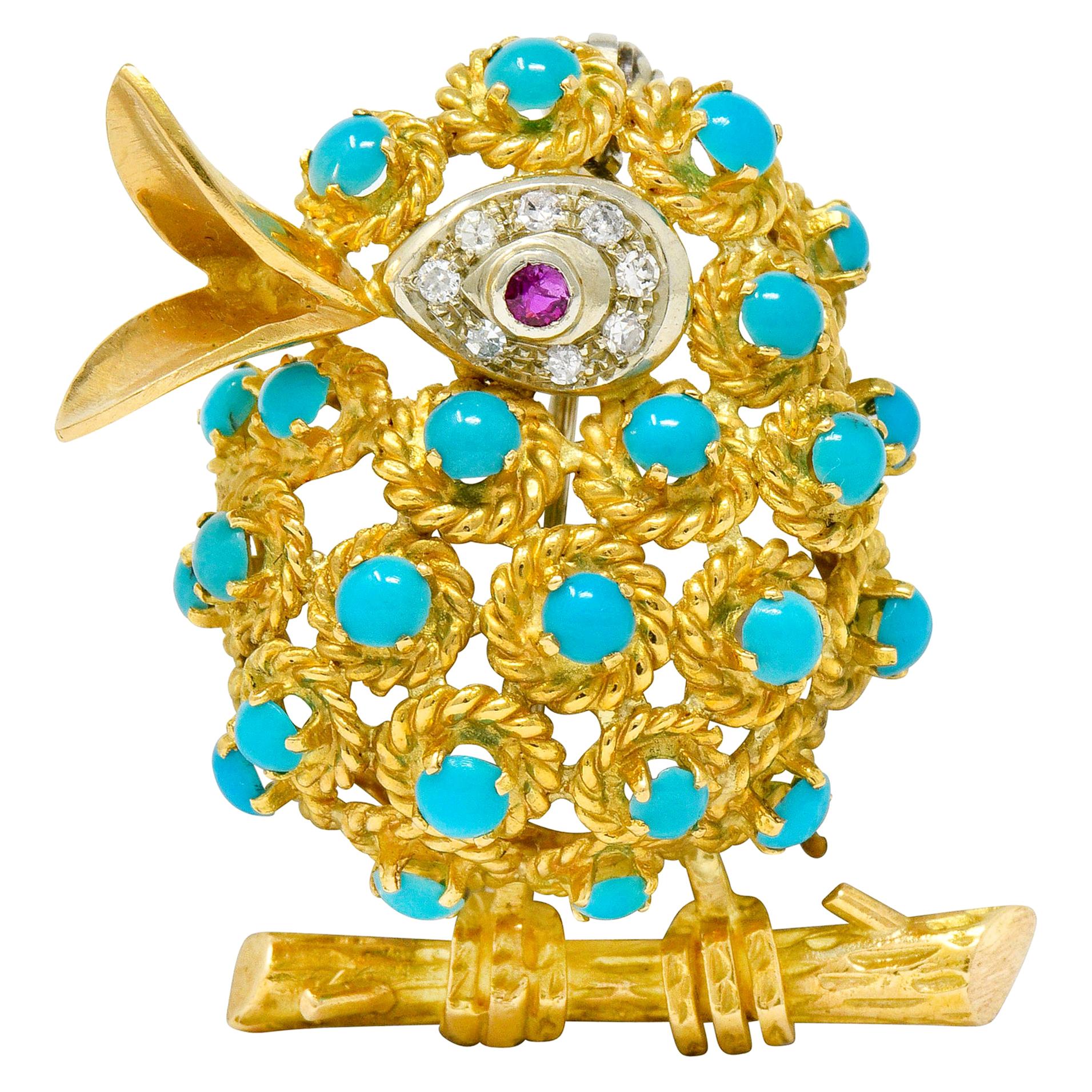 1960s Vintage Turquoise Diamond Ruby 18 Karat Gold Singing Bird Brooch