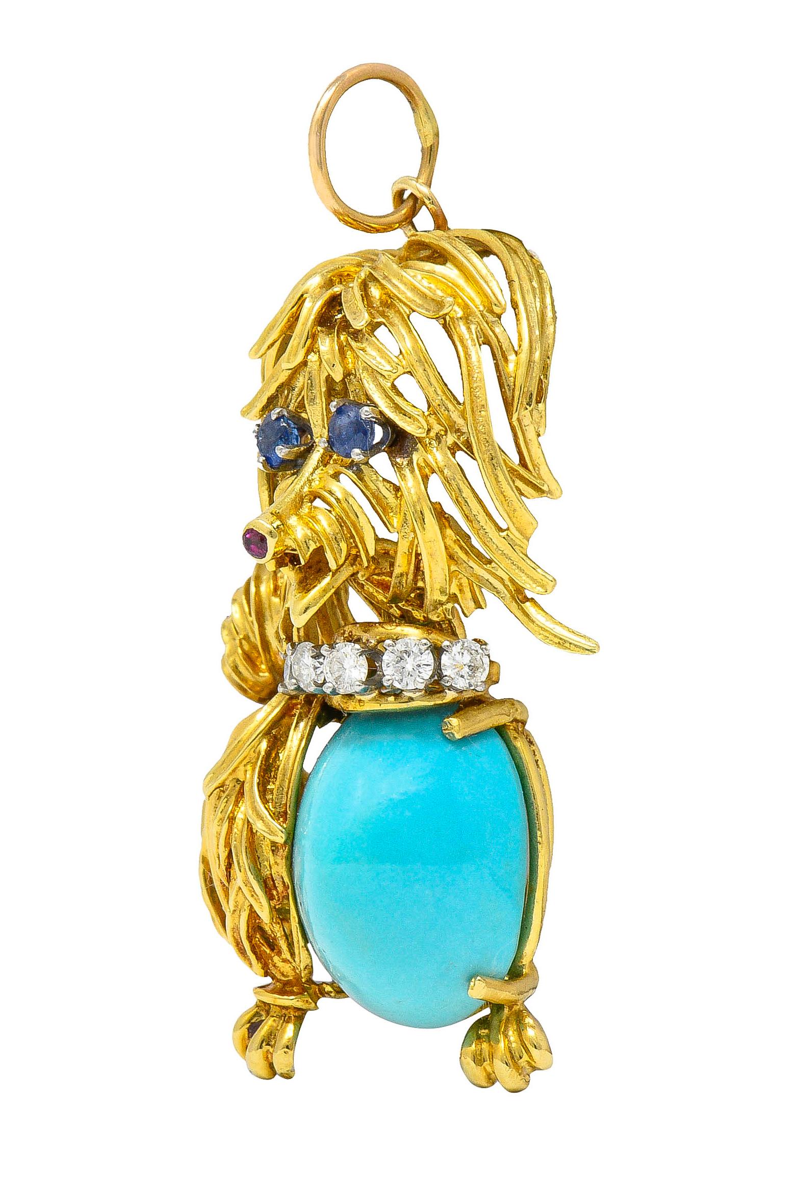 Cabochon 1960's Vintage Turquoise Sapphire Diamond 18 Karat Gold Maltese Dog Pendant