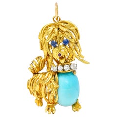 1960's Vintage Turquoise Sapphire Diamond 18 Karat Gold Maltese Dog Pendant