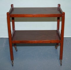 1960s VINTAGE TWO TIER WOODEN TEA TROLLET ON BRASS CASTERS