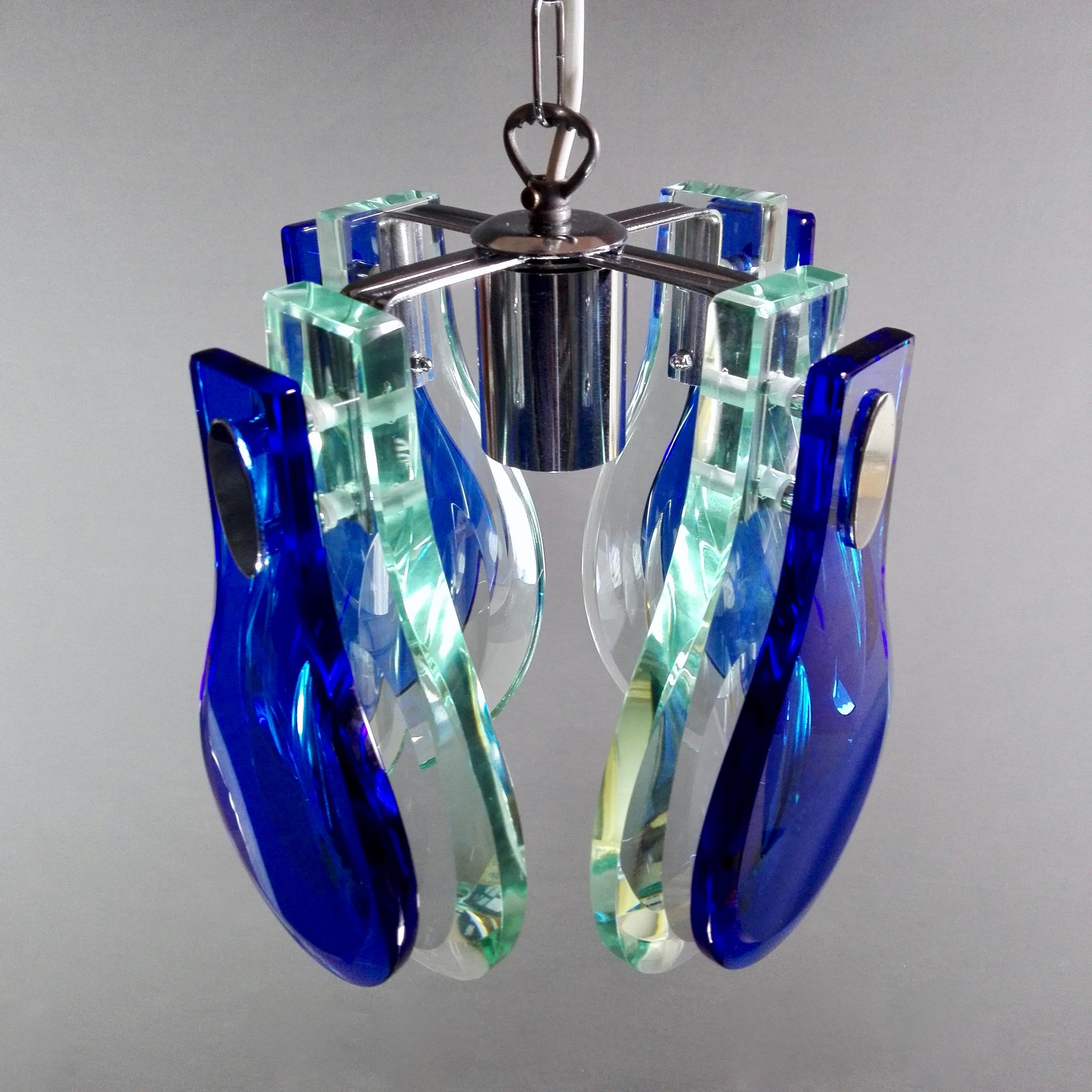 1960s Vintage Veca One-Light Ultramarine Blue and Teal Glass Pendant Lamp 3