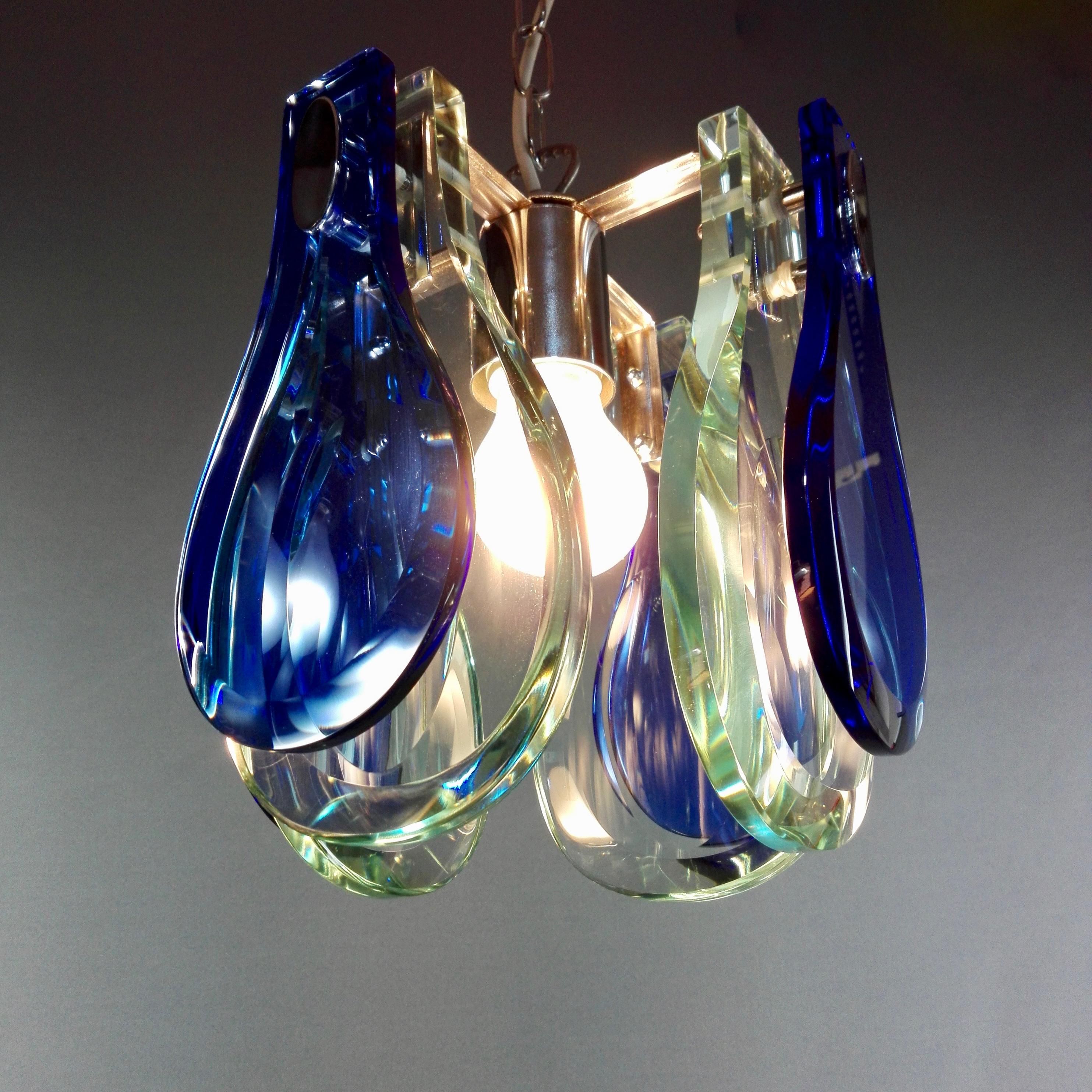 Italian 1960s Vintage Veca One-Light Ultramarine Blue and Teal Glass Pendant Lamp