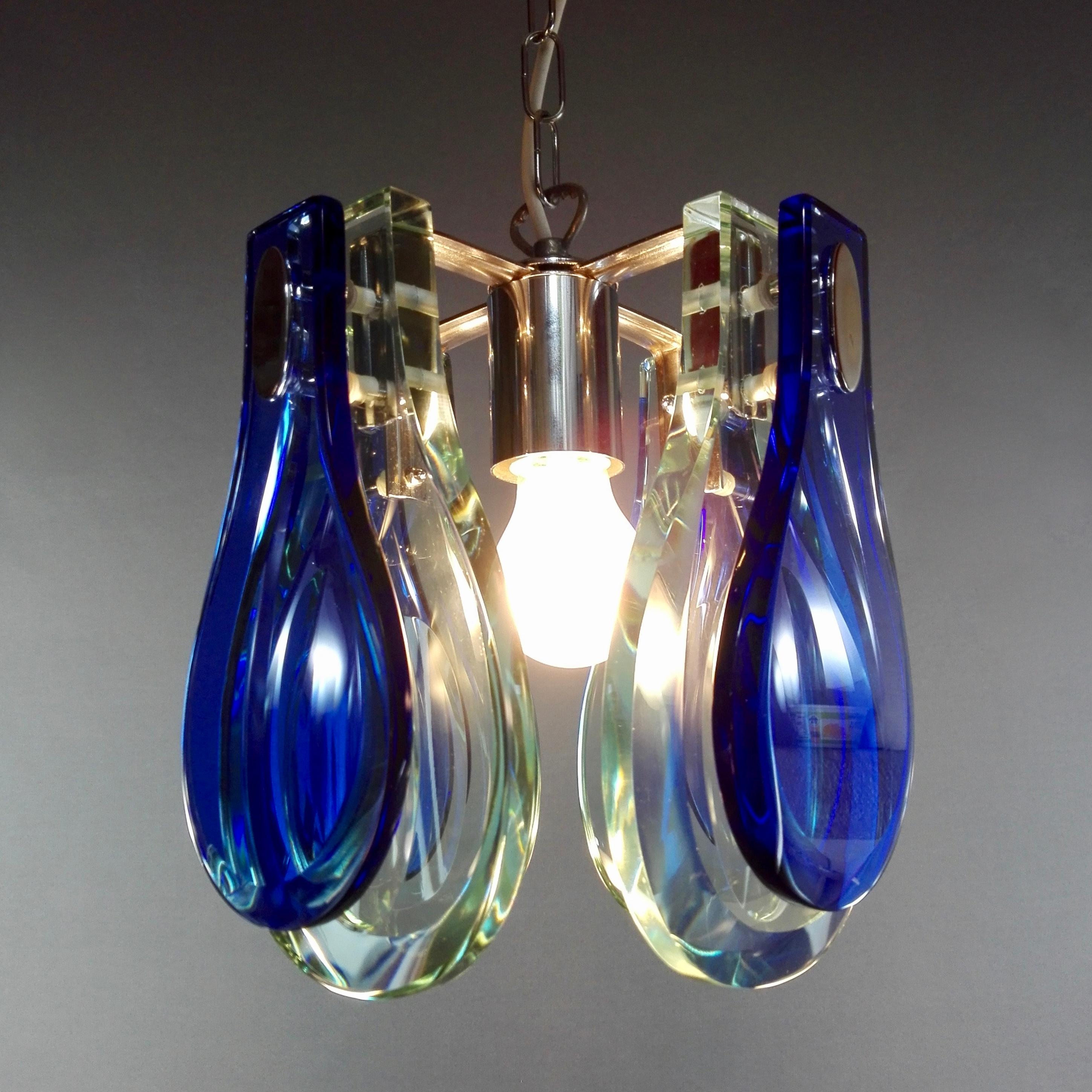Beveled 1960s Vintage Veca One-Light Ultramarine Blue and Teal Glass Pendant Lamp