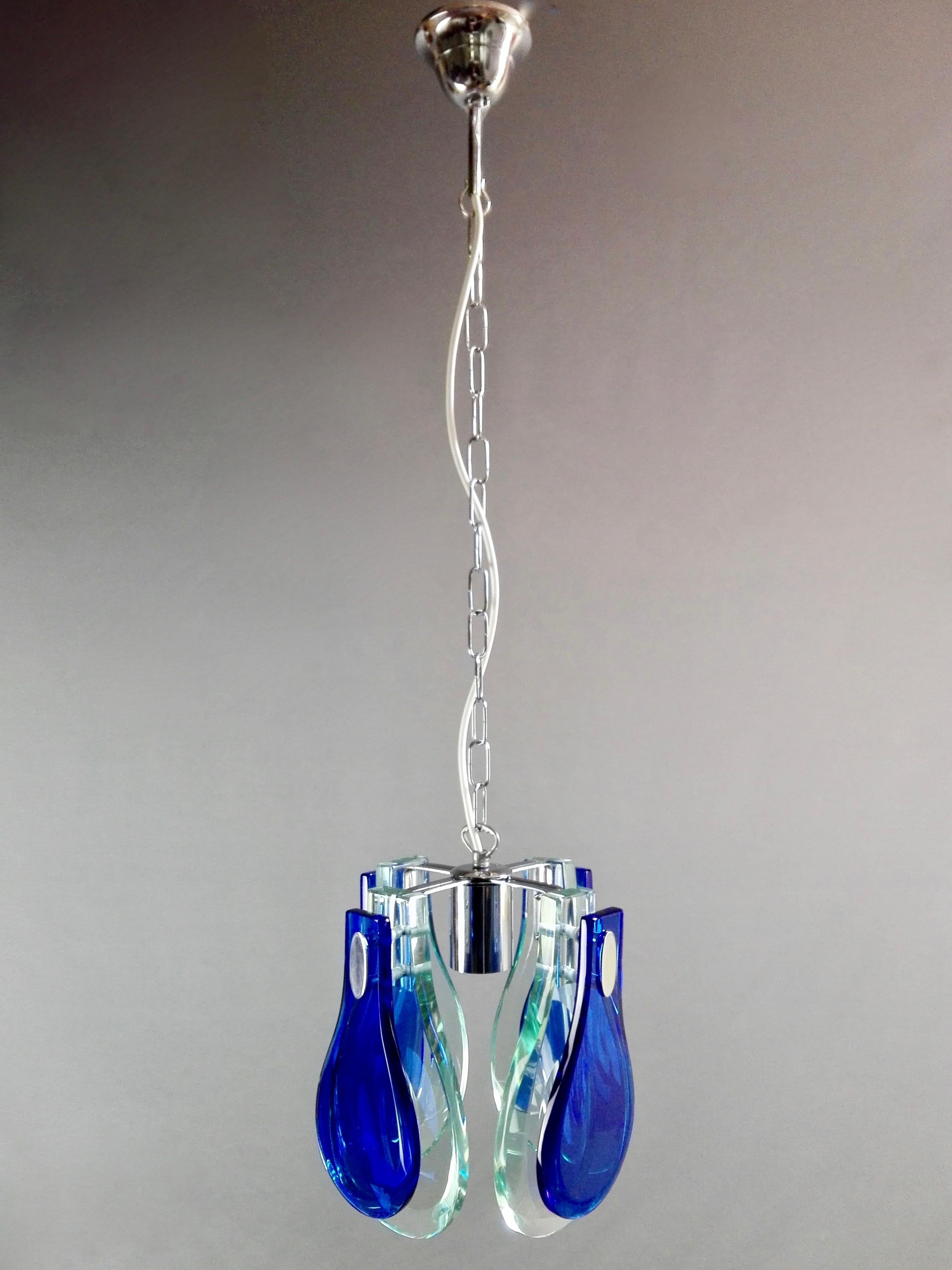 1960s Vintage Veca One-Light Ultramarine Blue and Teal Glass Pendant Lamp In Good Condition In Caprino Veronese, VR