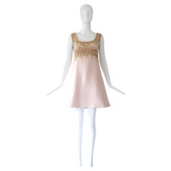 1960s Vintage Victoria Royal Pink Silk Beaded Cocktail Dress US 4 UK 8