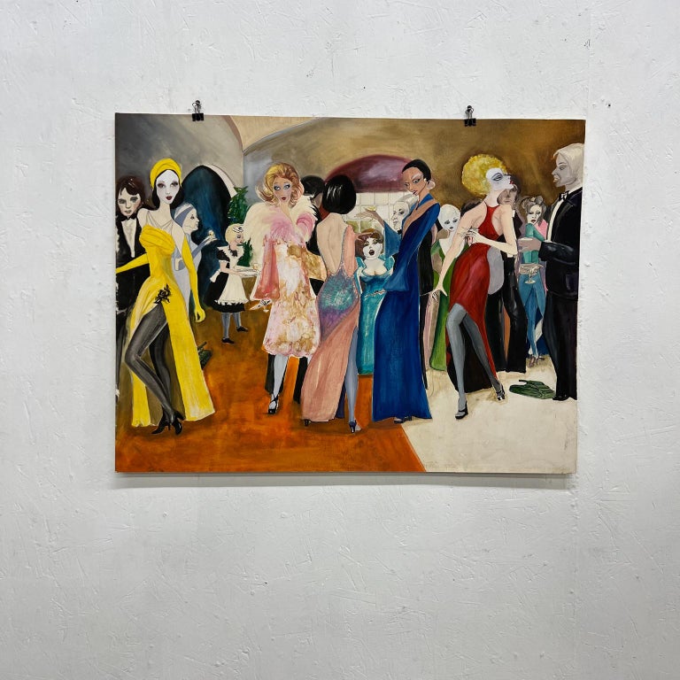 1960s Vintage Vivid Watercolor Flamboyant Flashy Party Scene Art For