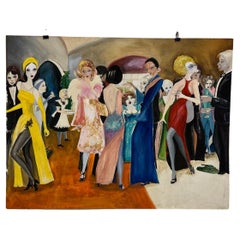 1960s Vintage Vivid Watercolor Flamboyant Flashy Party Scene Art